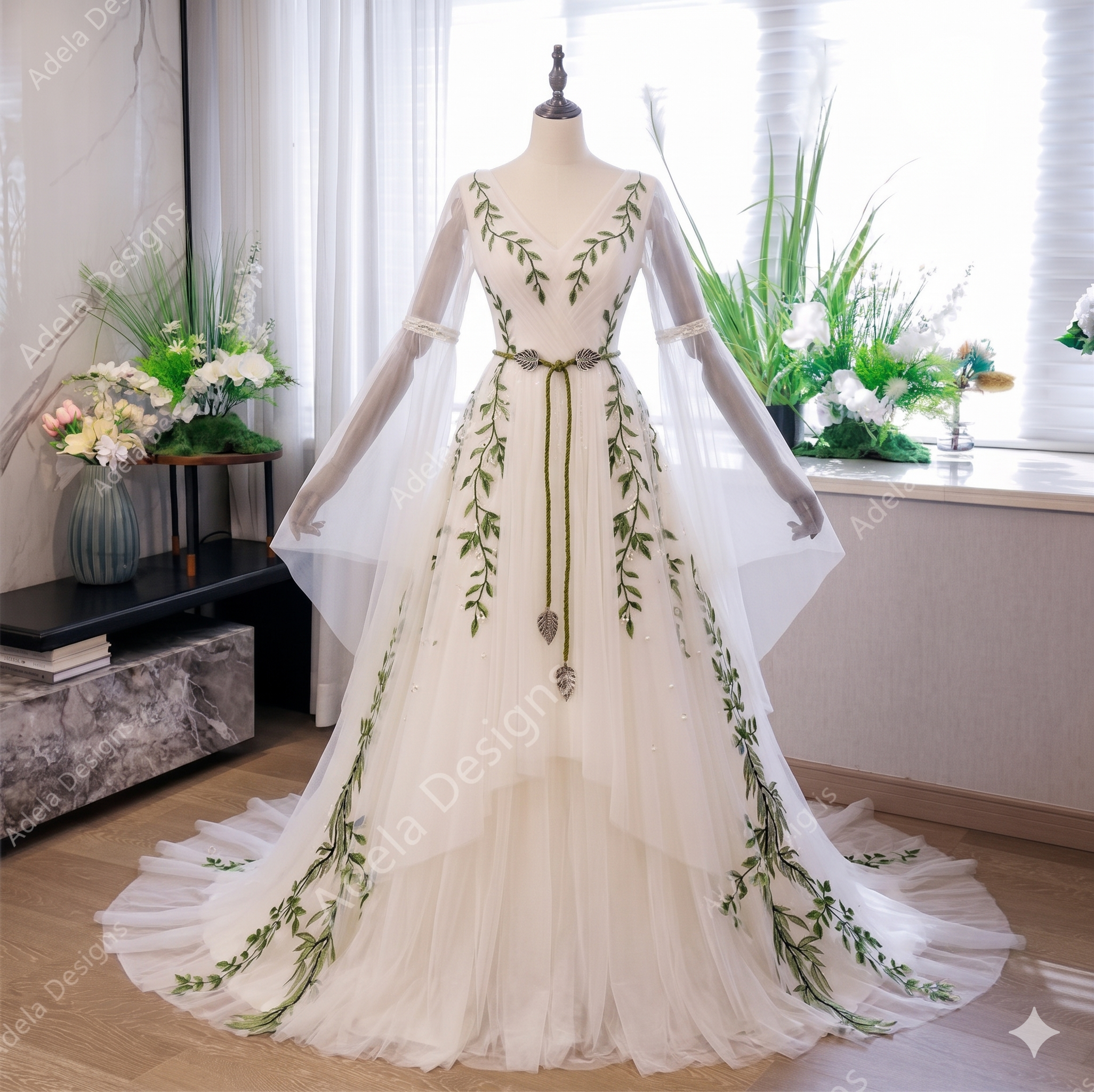 Custom Tulle Green Leaf A-line Wedding Dress