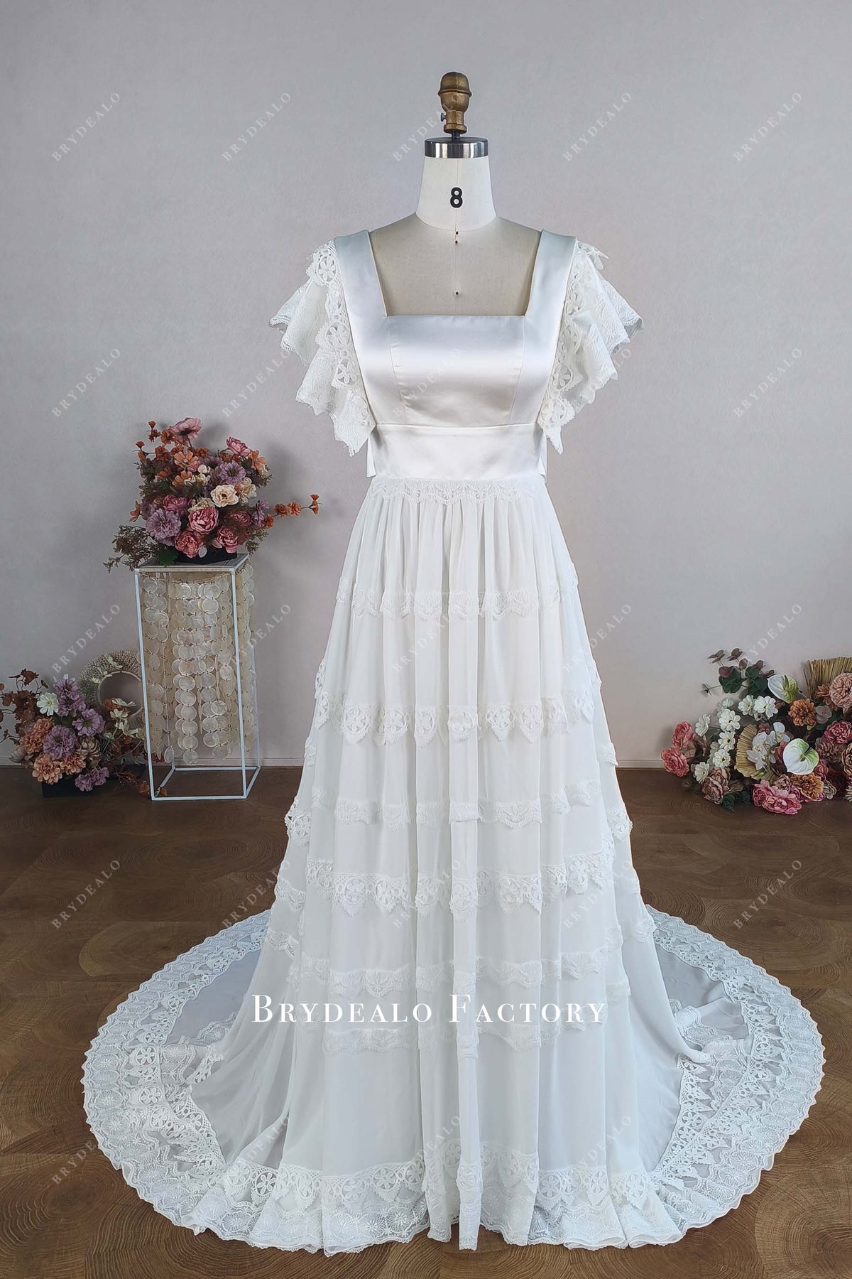 custom boho lace trims A-line wedding dress