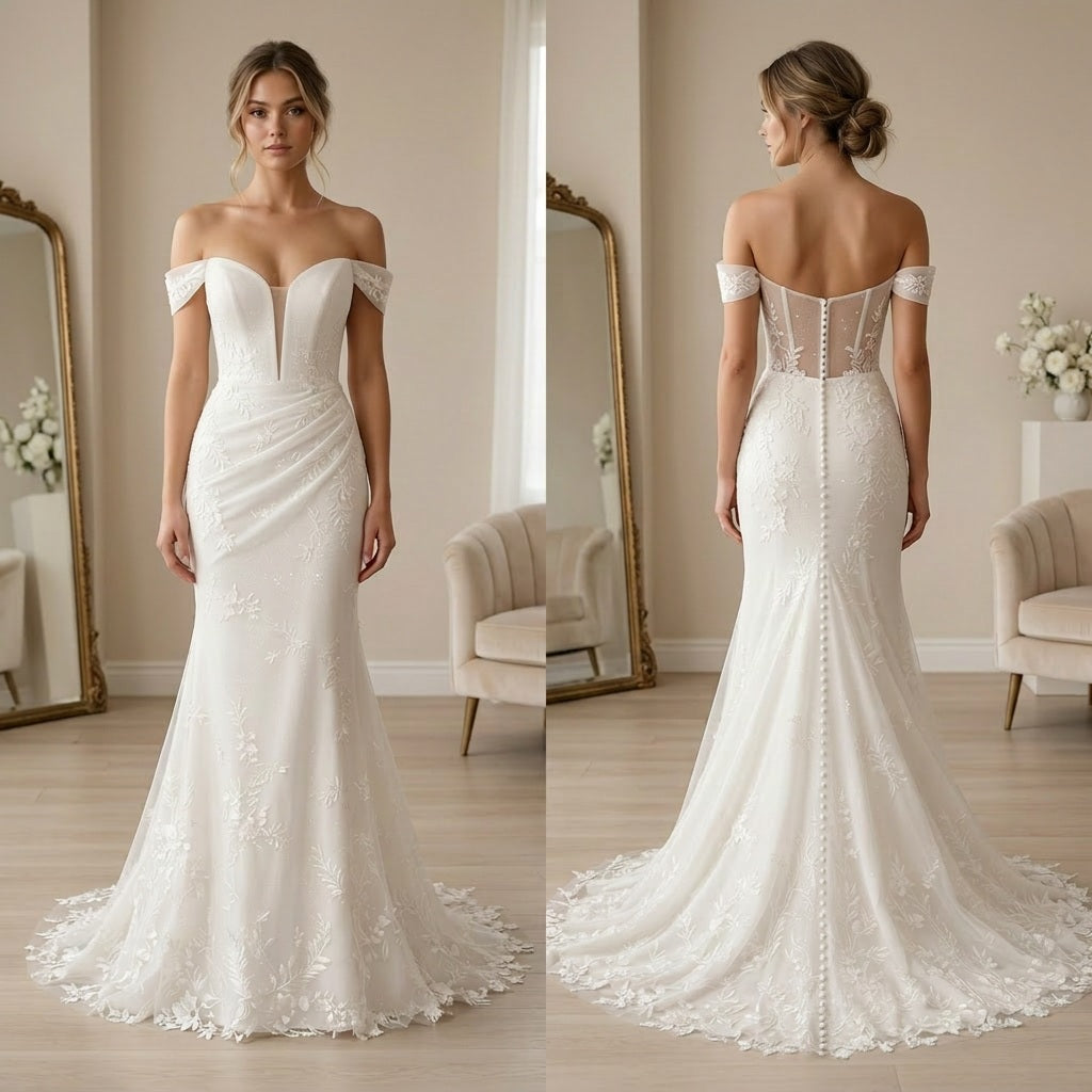 Custom Off Shoulder Plunging Neck Mermaid Wedding Dress