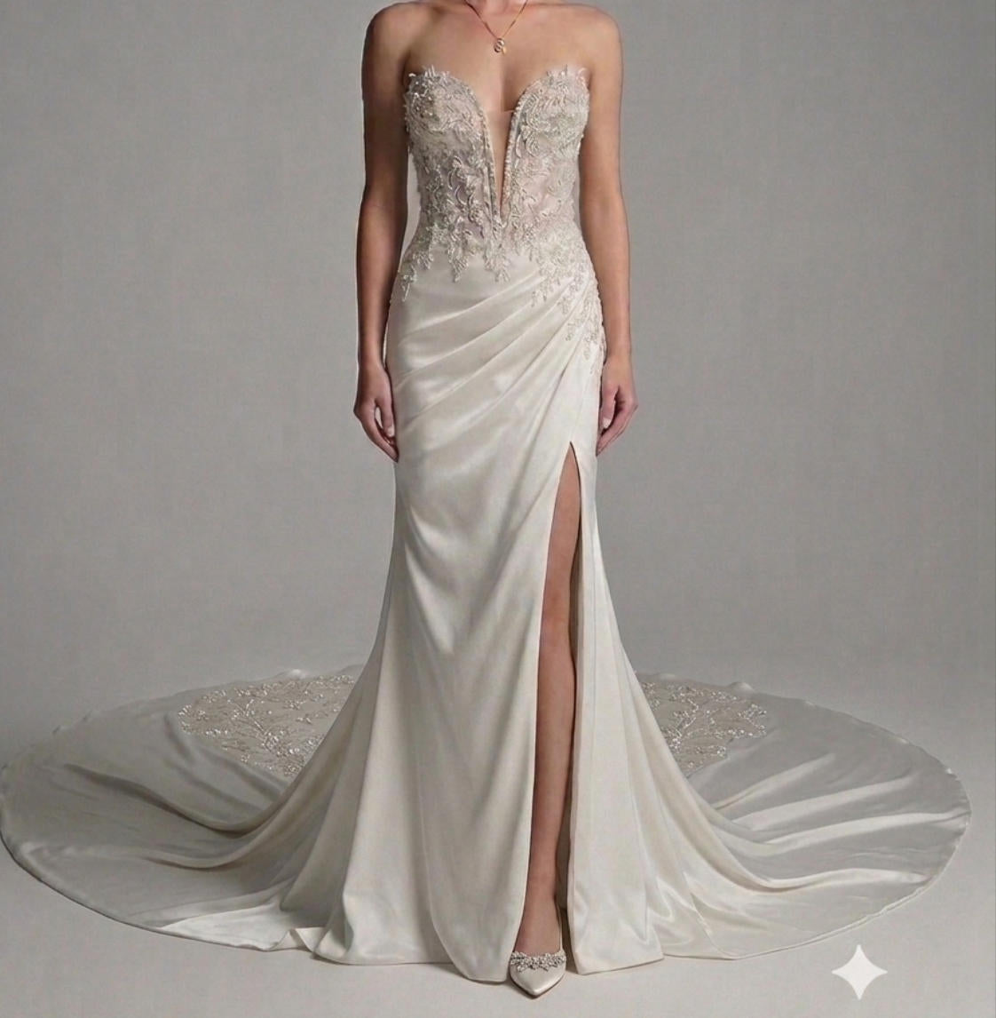 Custom Strapless Slit Fit and Flare Wedding Dress
