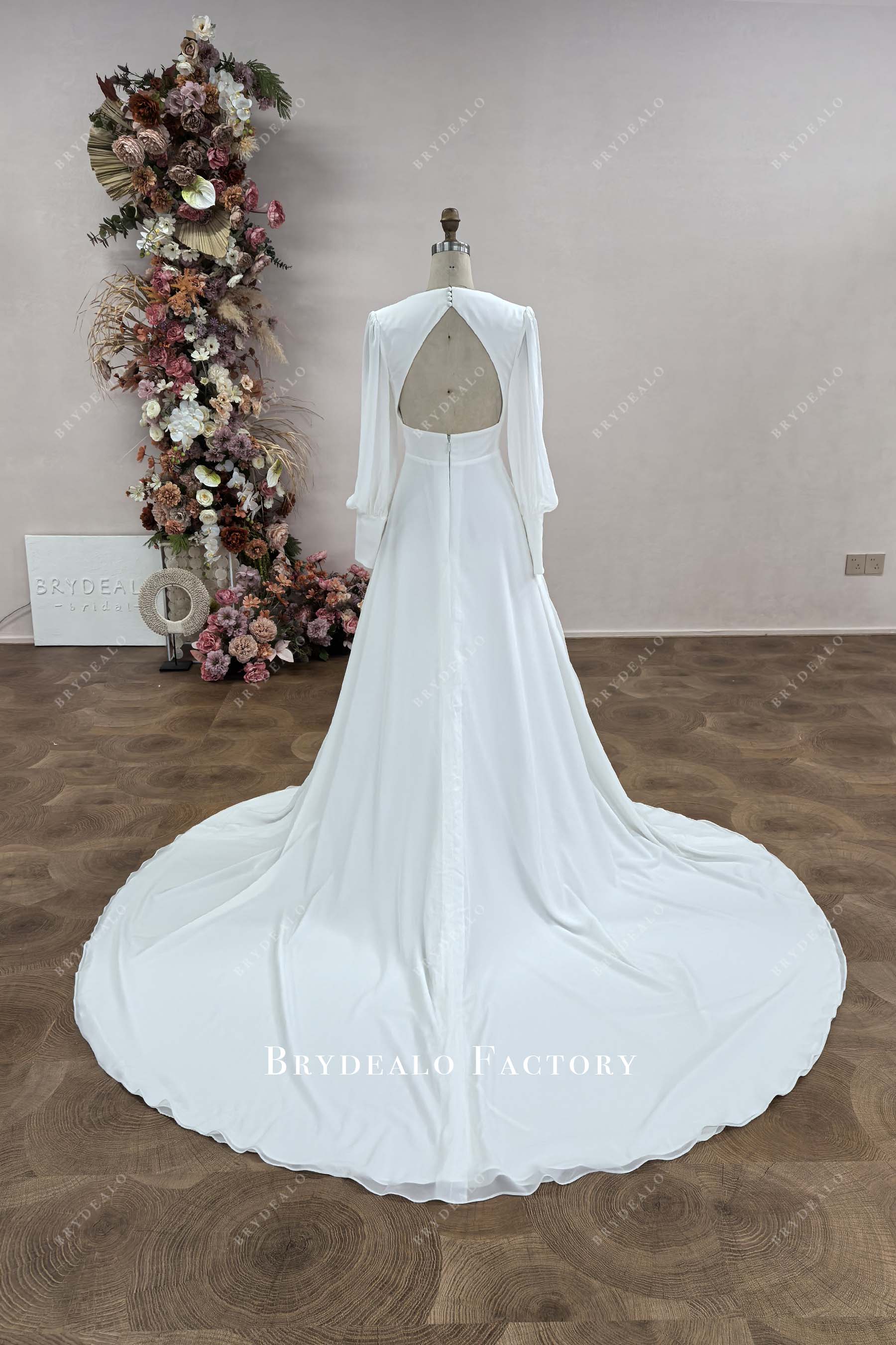 Custom Bishop Sleeve Crepe Chiffon Wedding Dress