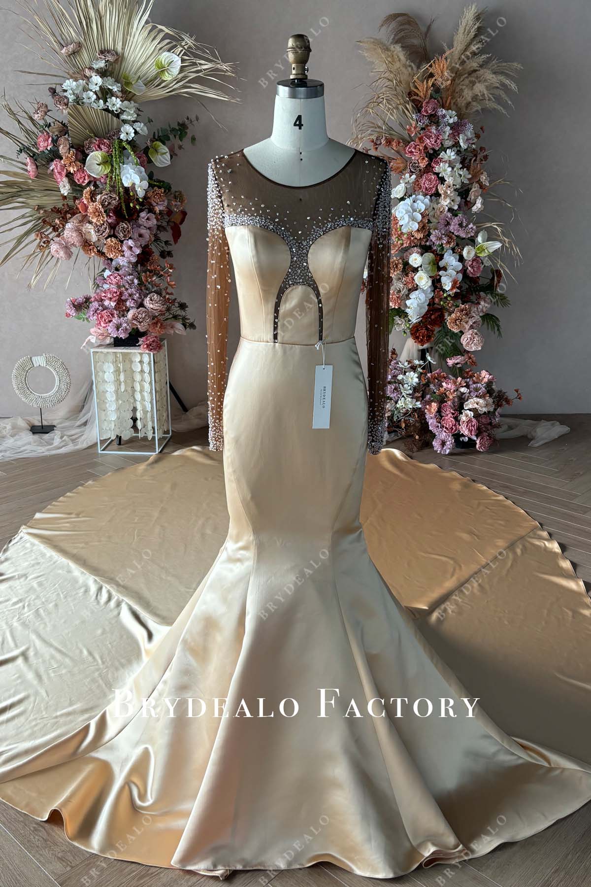 Custom Rhinestones Gold Satin Trumpet Dress