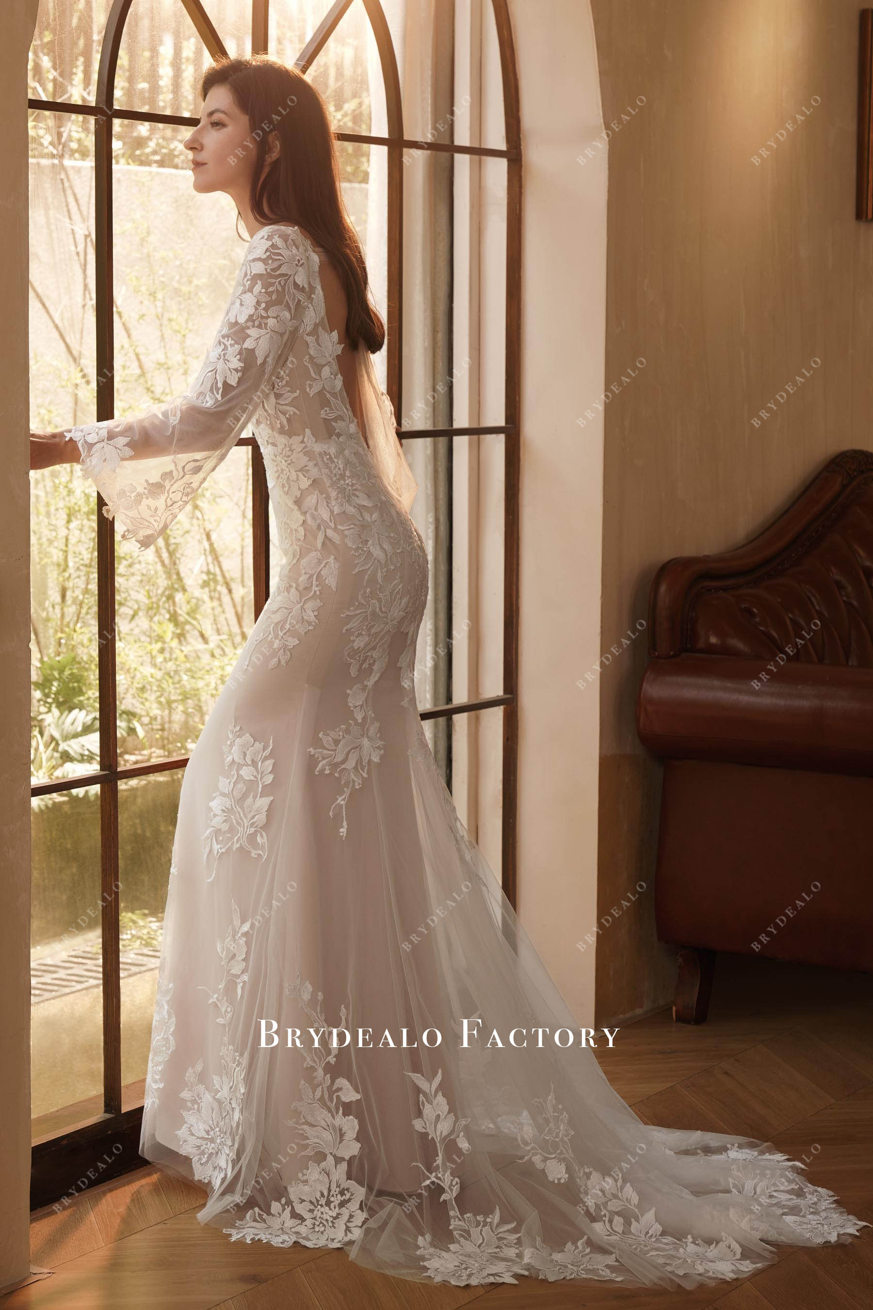 cutout lace train wedding dress