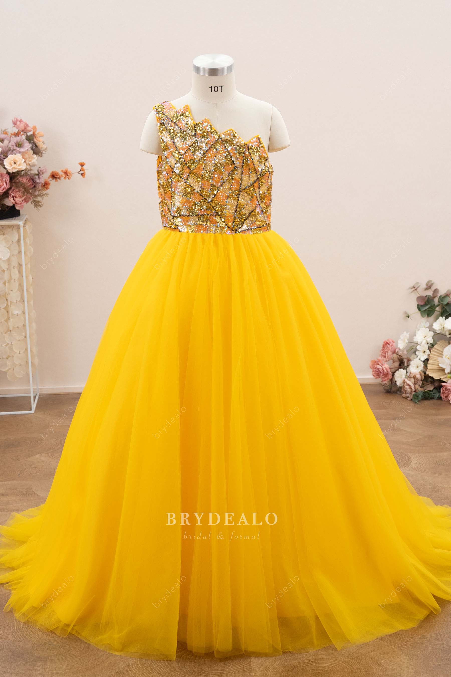 cutout neck gold kids pageant gown
