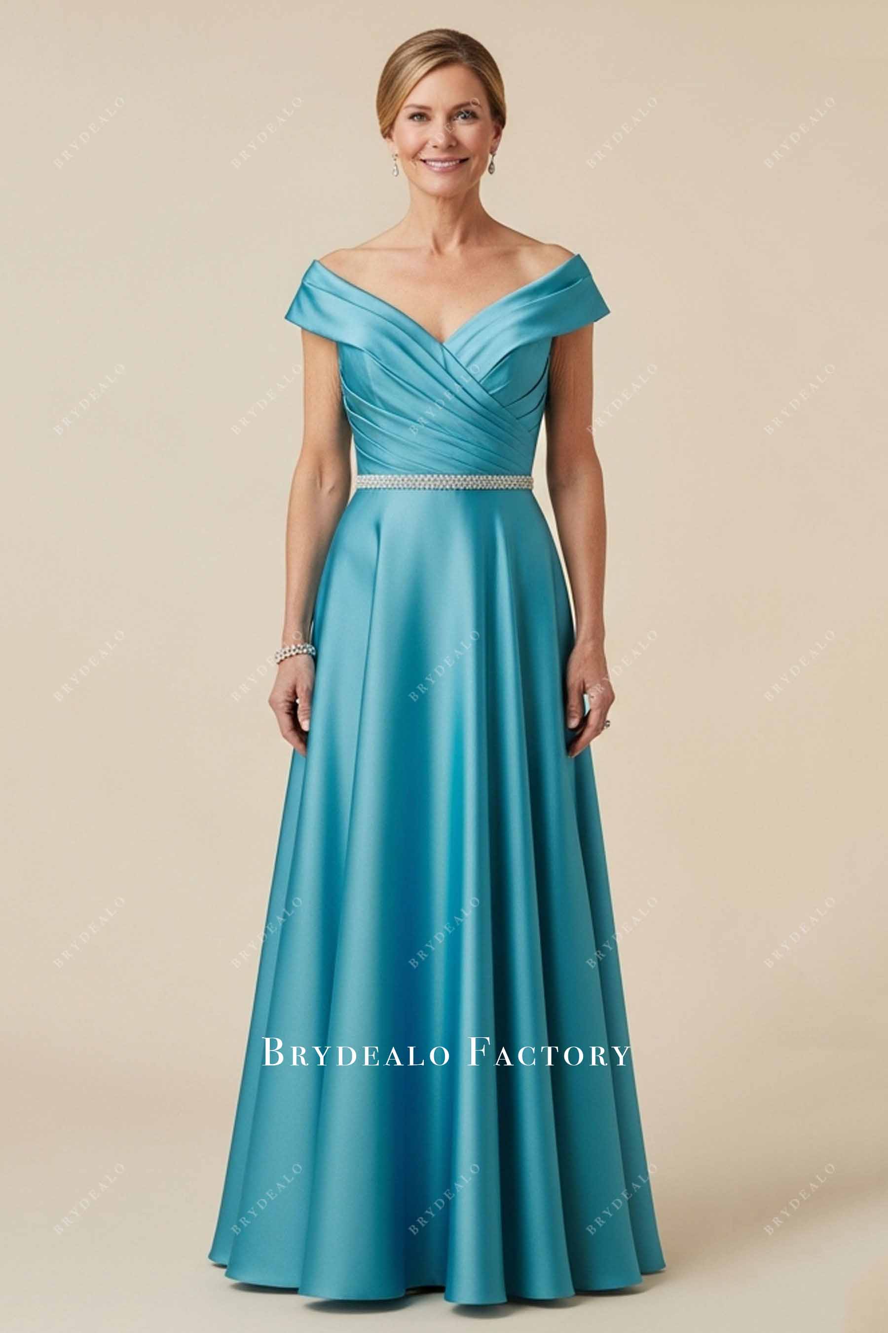 cyan off-shoulder sleeve mother of bride dress