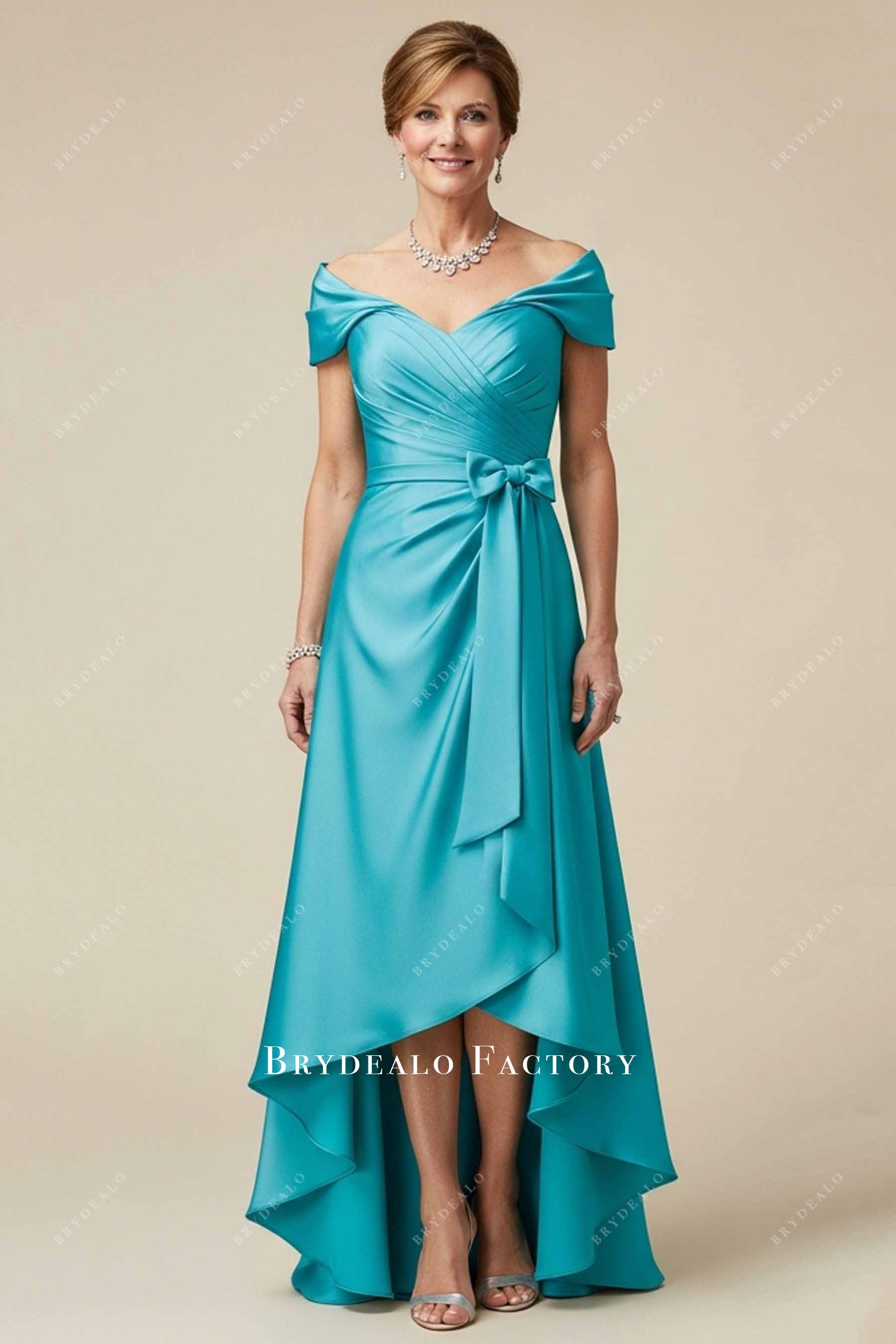 cyan wrap shoulder hi-lo formal dress