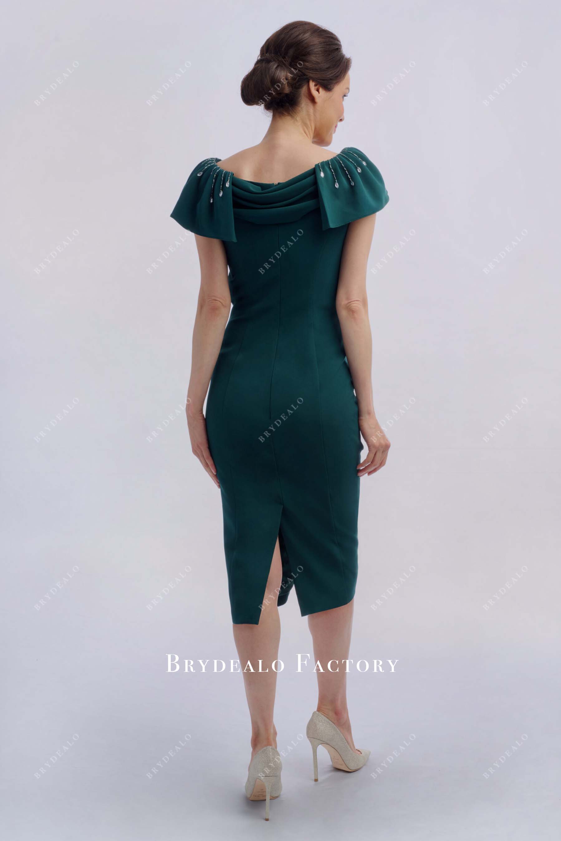 dark green cowl back mother of bride dress