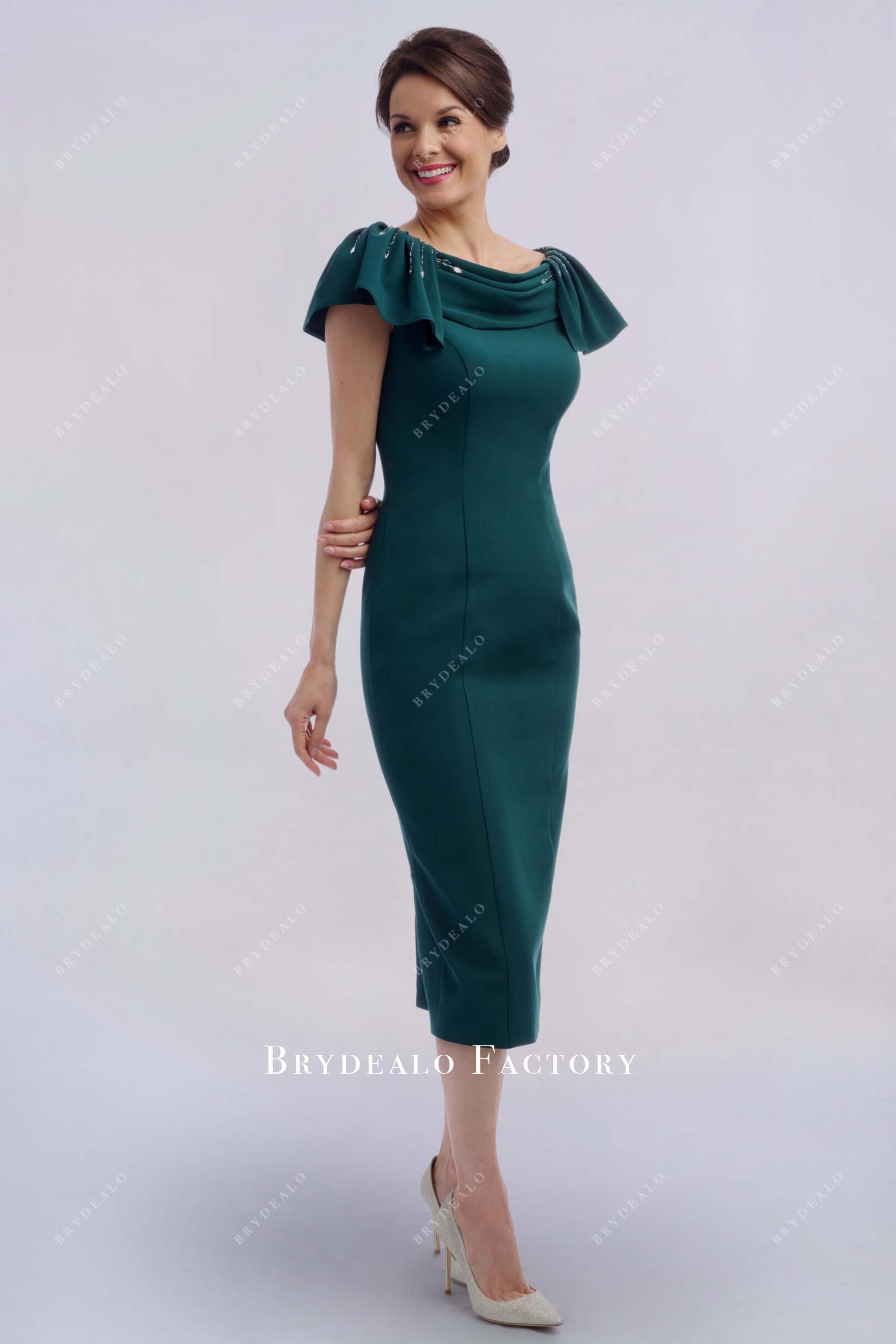 dark green cowl neck mother of bride dress