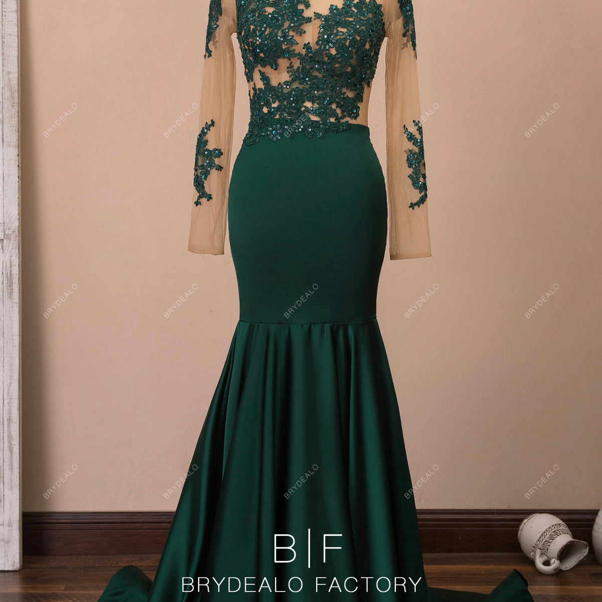 Dark Green Glitter Lace Satin Mermaid Prom Dress
