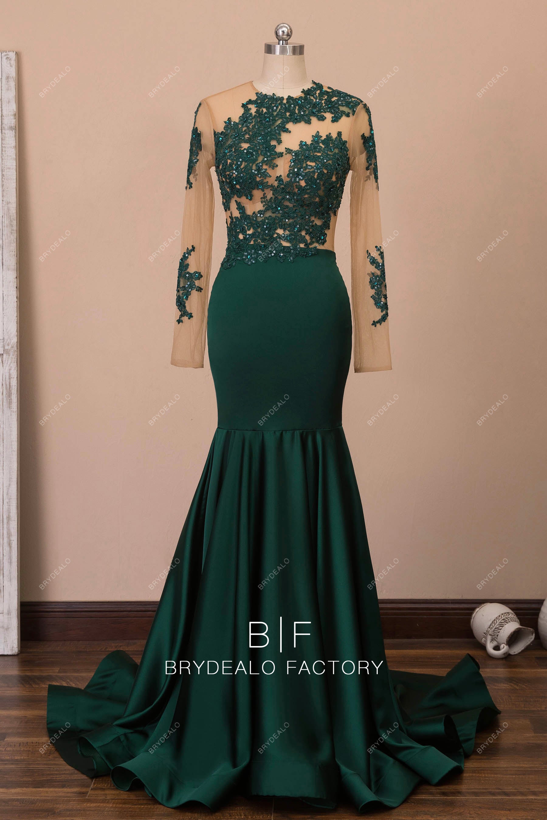 dark green lace satin mermaid gown