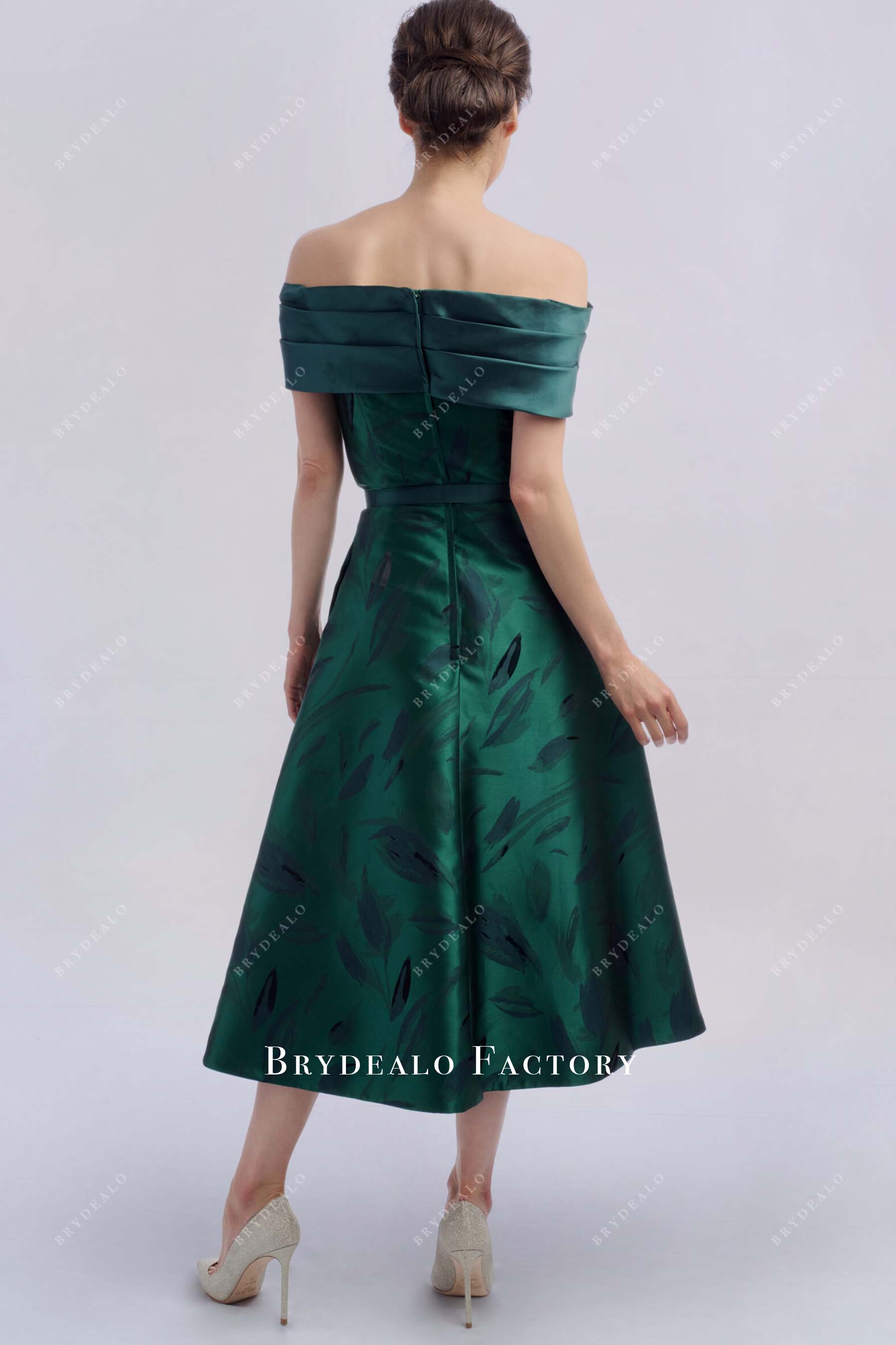 dark green print a line mother of bride dress