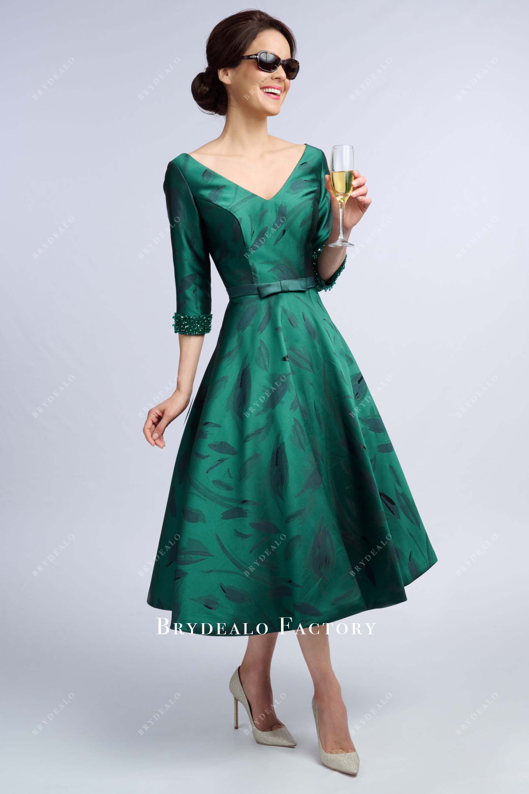 dark green print v neck mother of bride dress