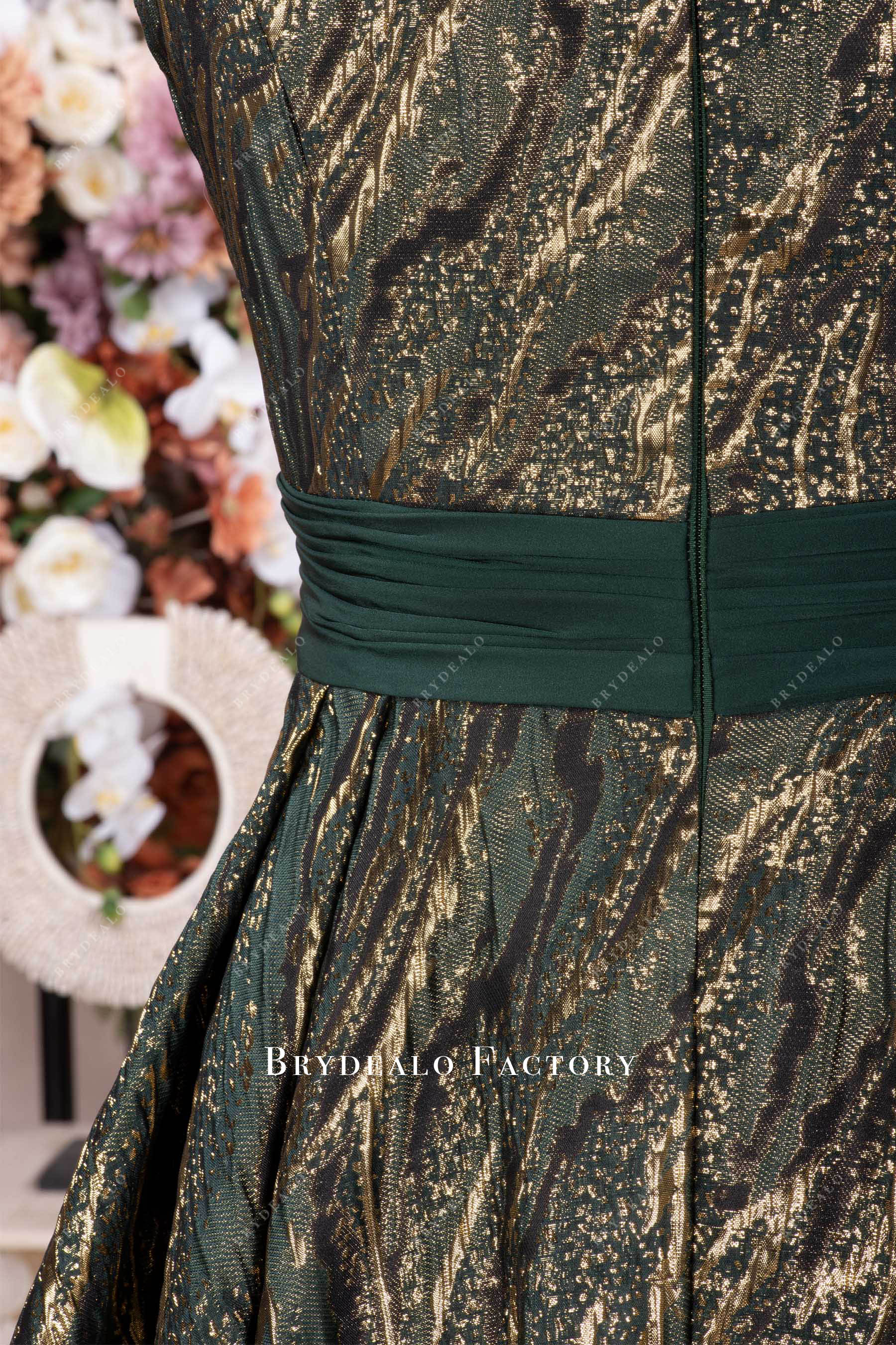 dark green ruched waist mother of bride dress