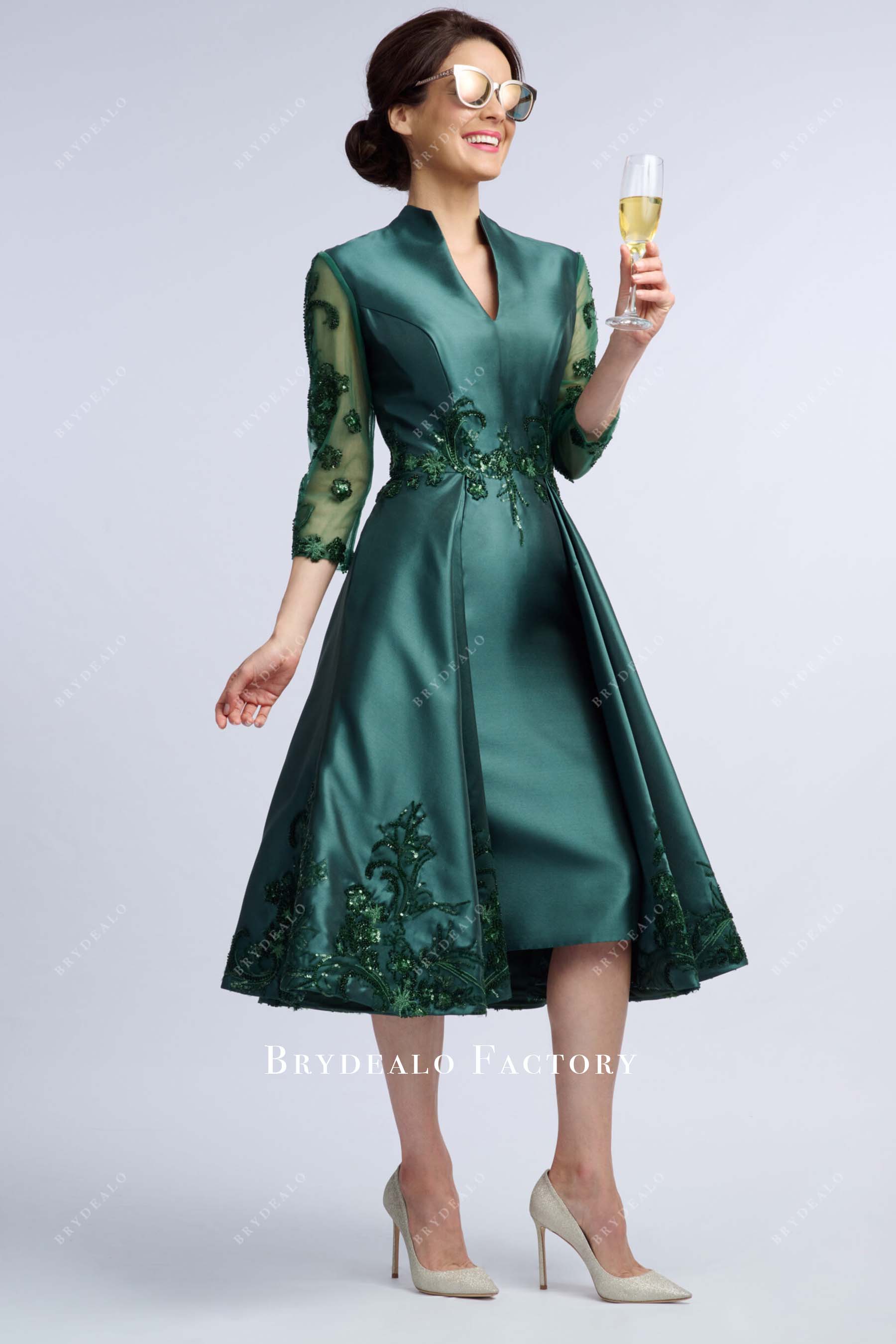 dark green sequined sheer sleeves mother of bride dress