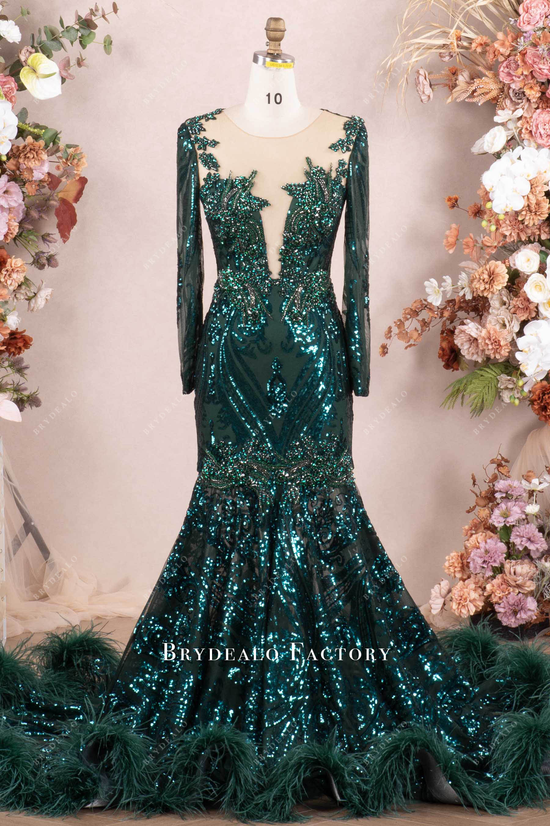 dark green sparkly sequin feather prom dress