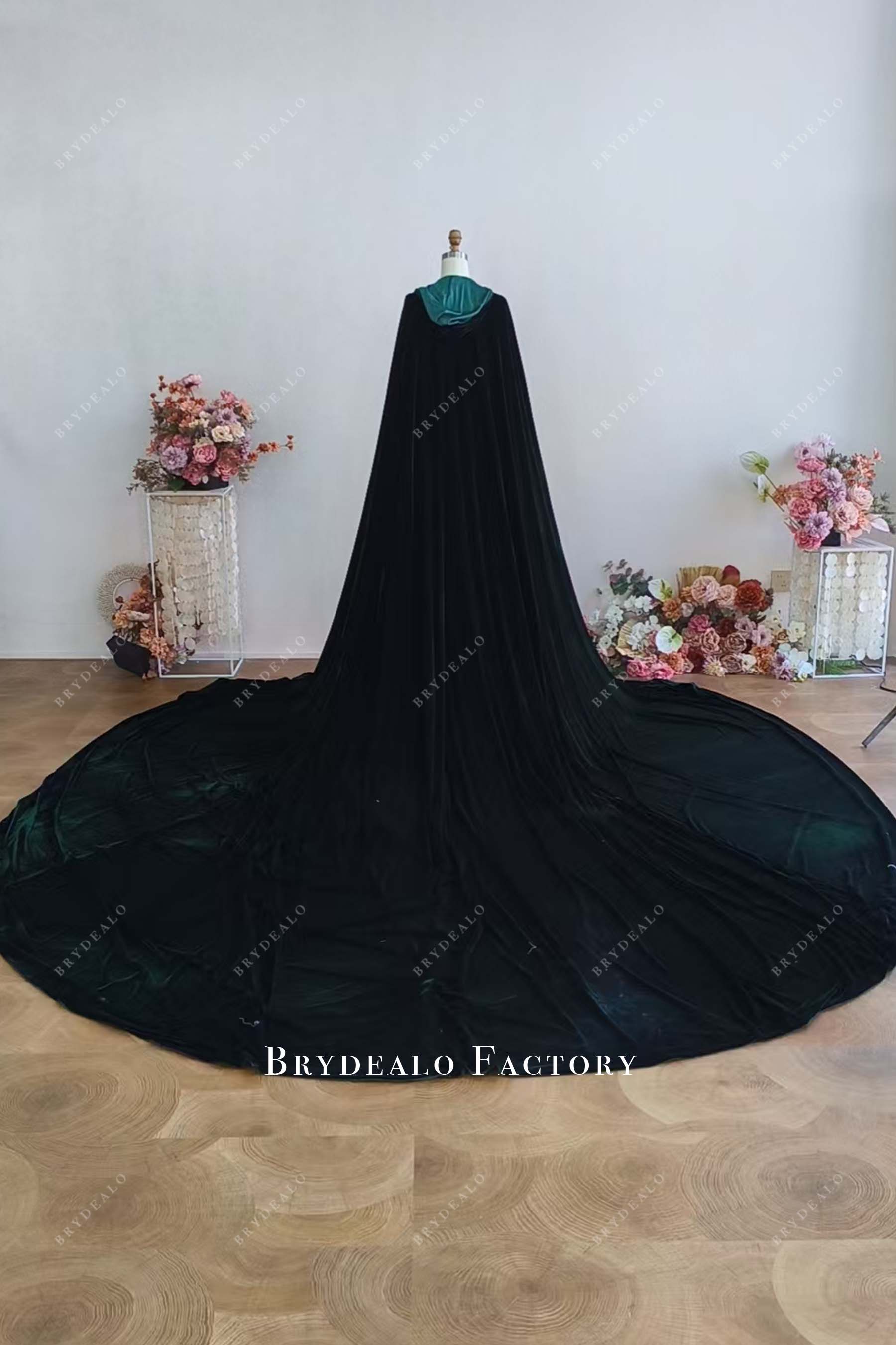 dark green velvet hood cape wedding dress