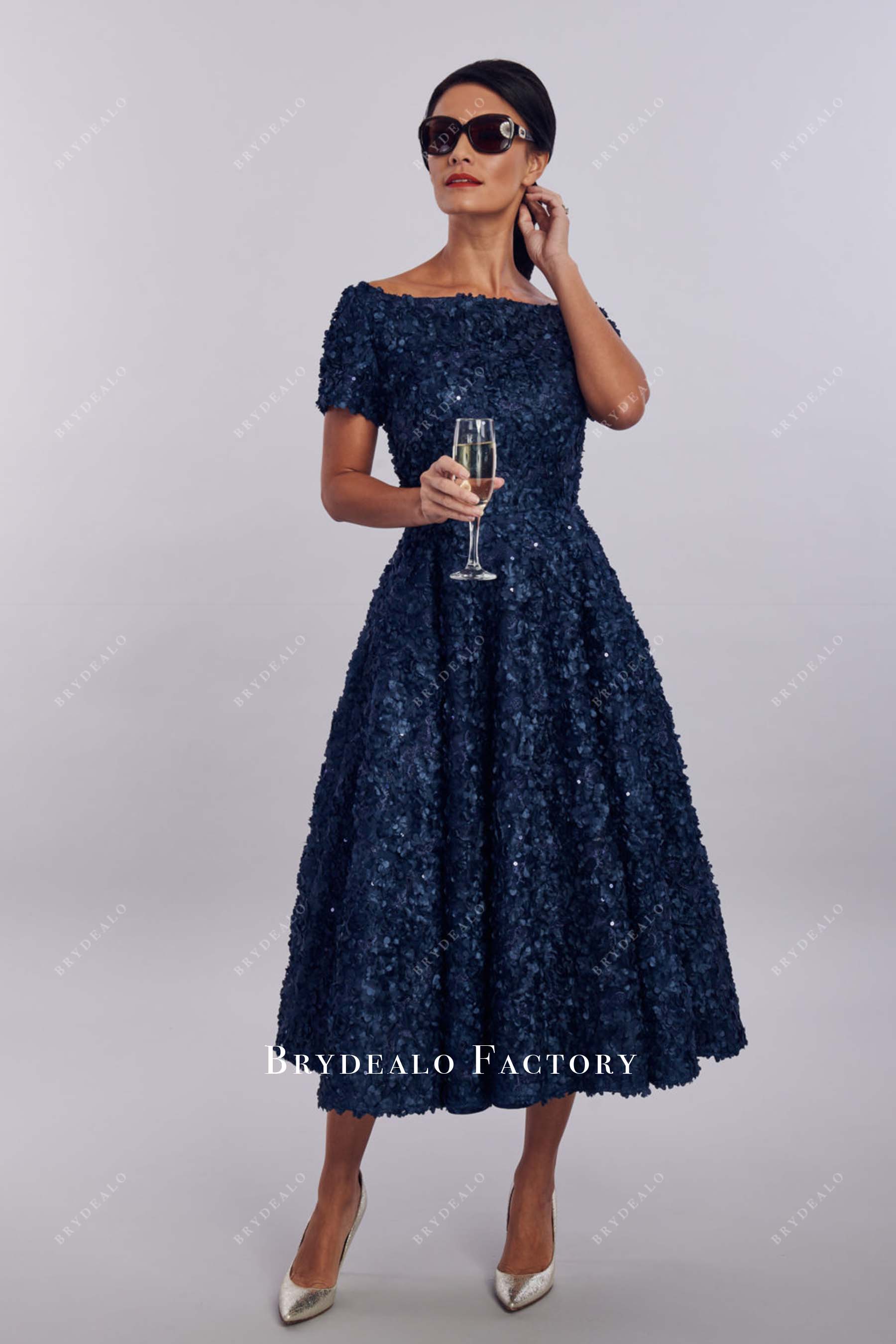 dark navy 3d lace a line mother of bride dress