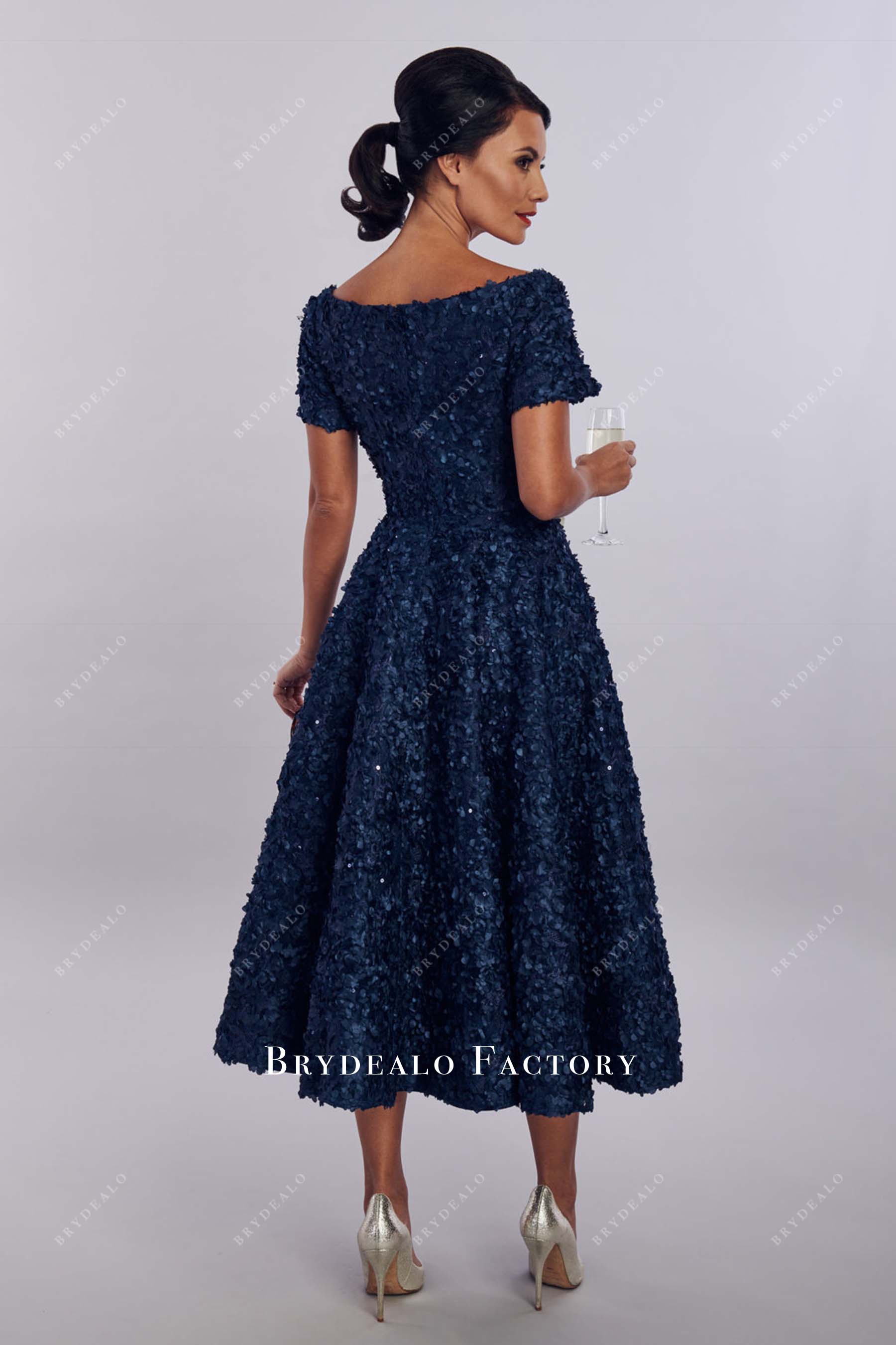 dark navy short sleeves mother of bride dress