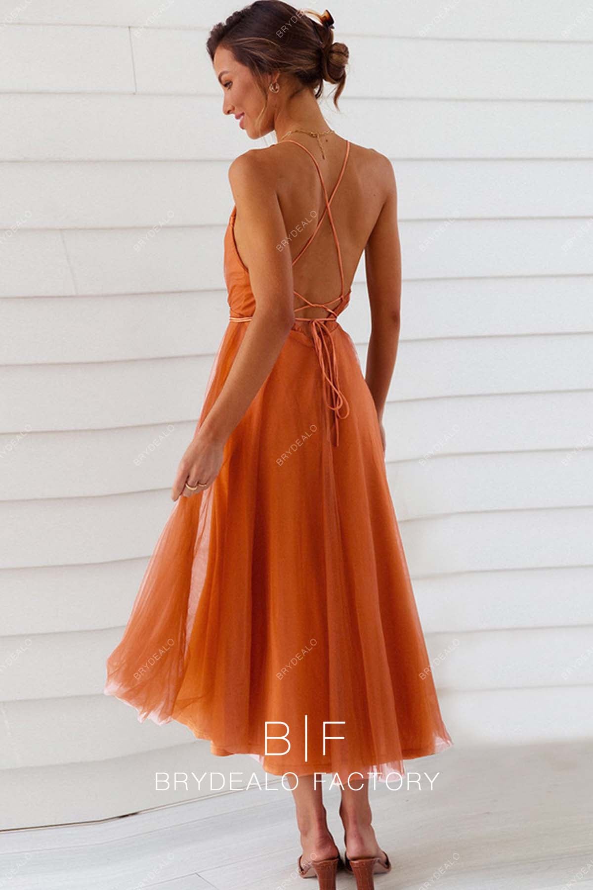 Dark Orange Tulle Strappy Back Bridesmaid Dress