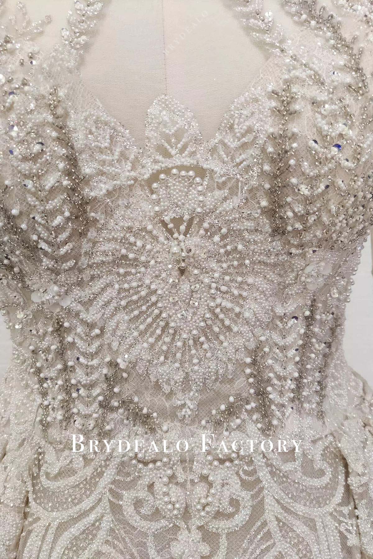 delicate beaded beige lace wedding dress