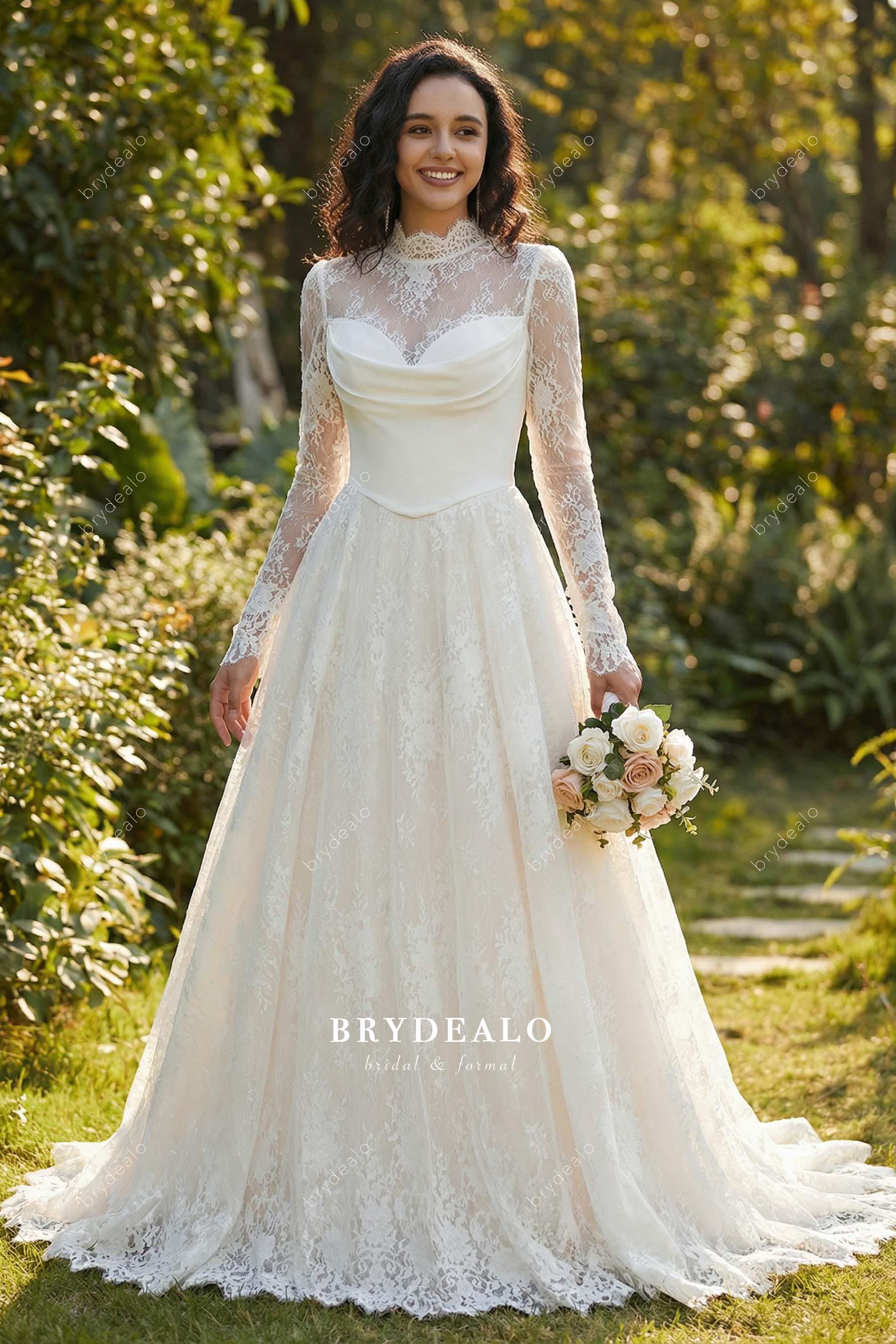 delicate lace high neck bridal dress
