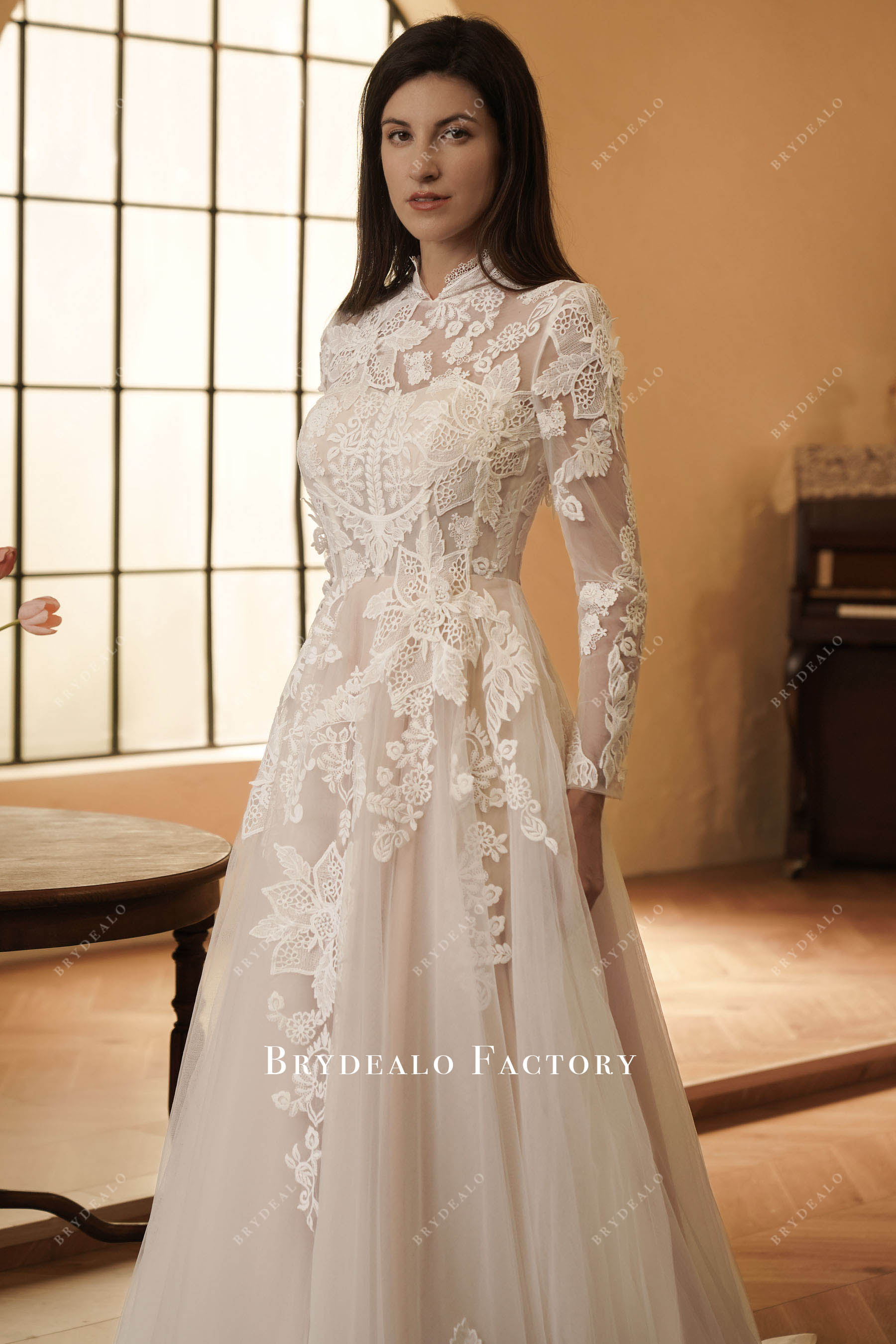 delicate retro lace high neck wedding dress