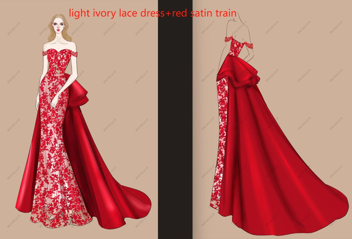 Private Label Custom Off Shoulder Lace Satin 2-IN-1 Wedding Dress