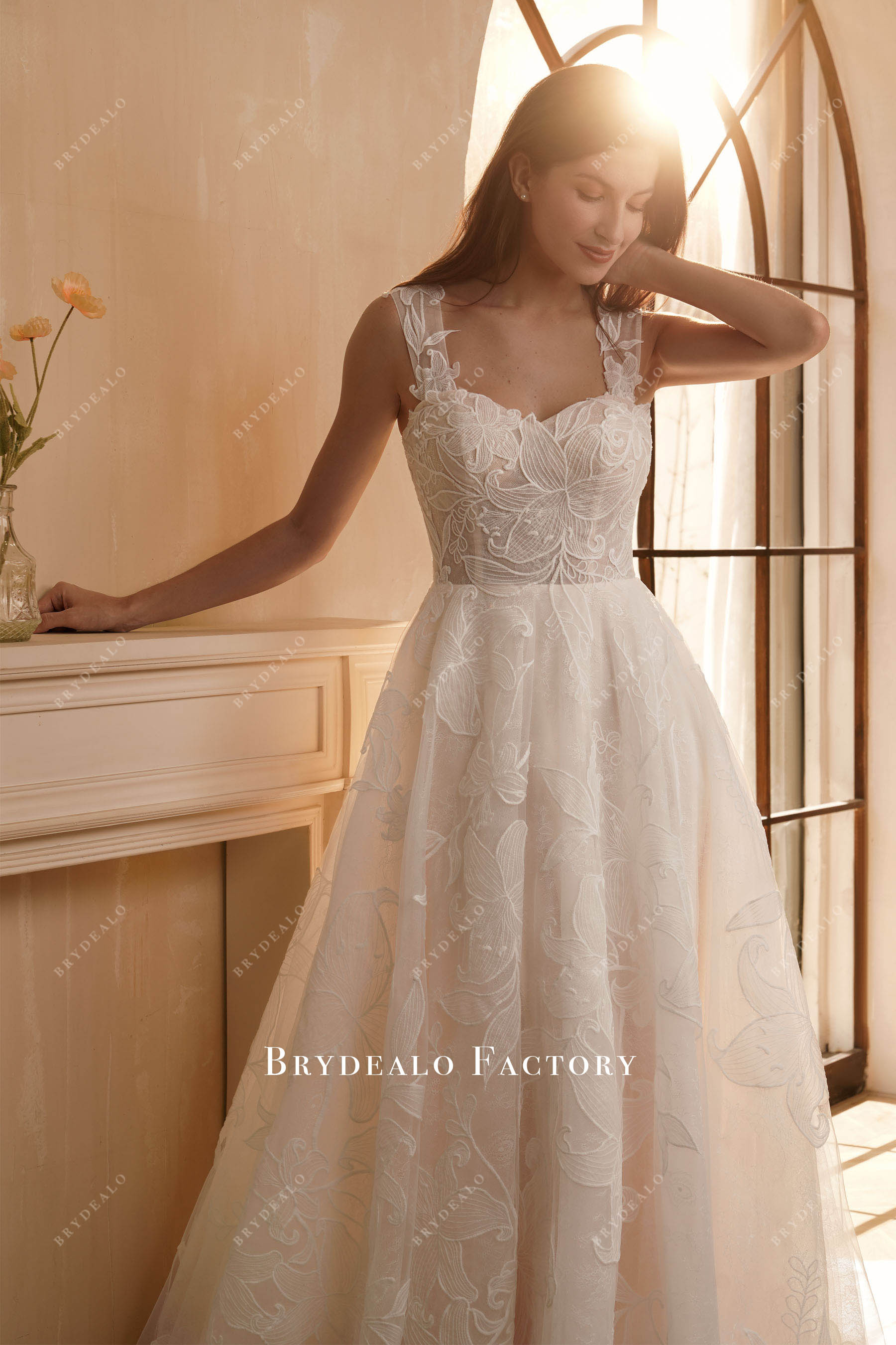 designer flower lace straps wedding dress