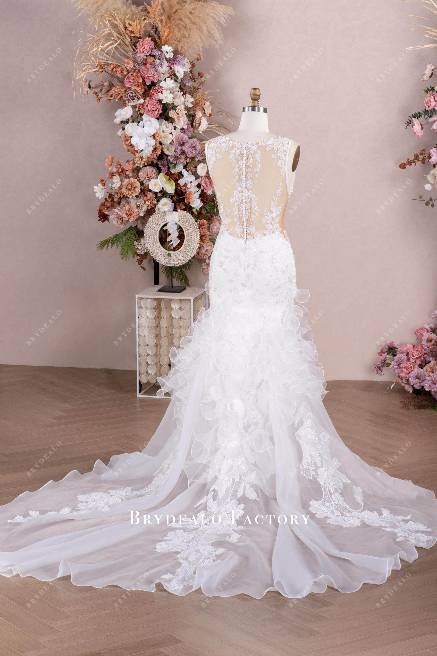 designer lace long organza wedding gown