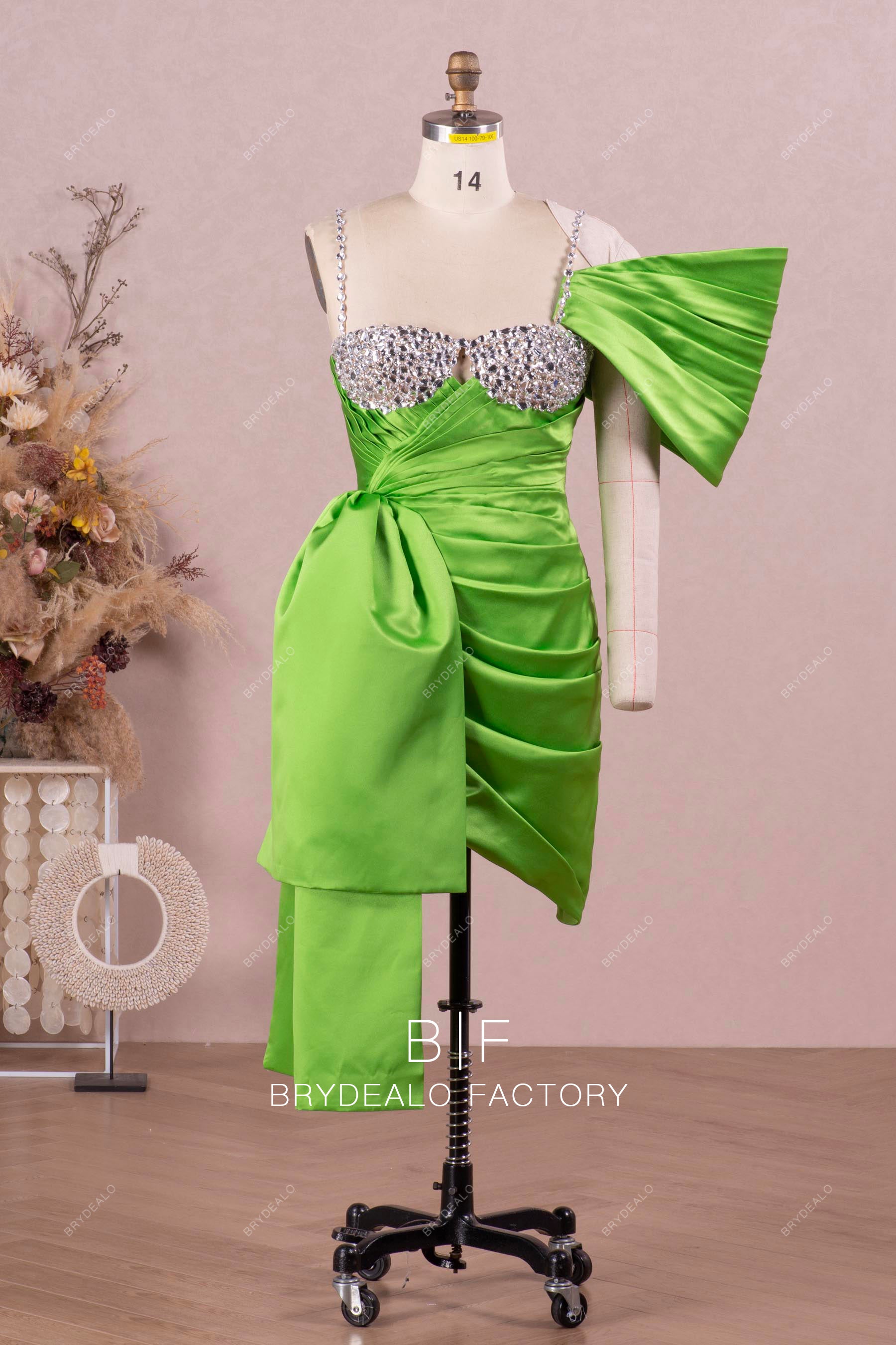 designer one sleeve green satin bodycon formal dress