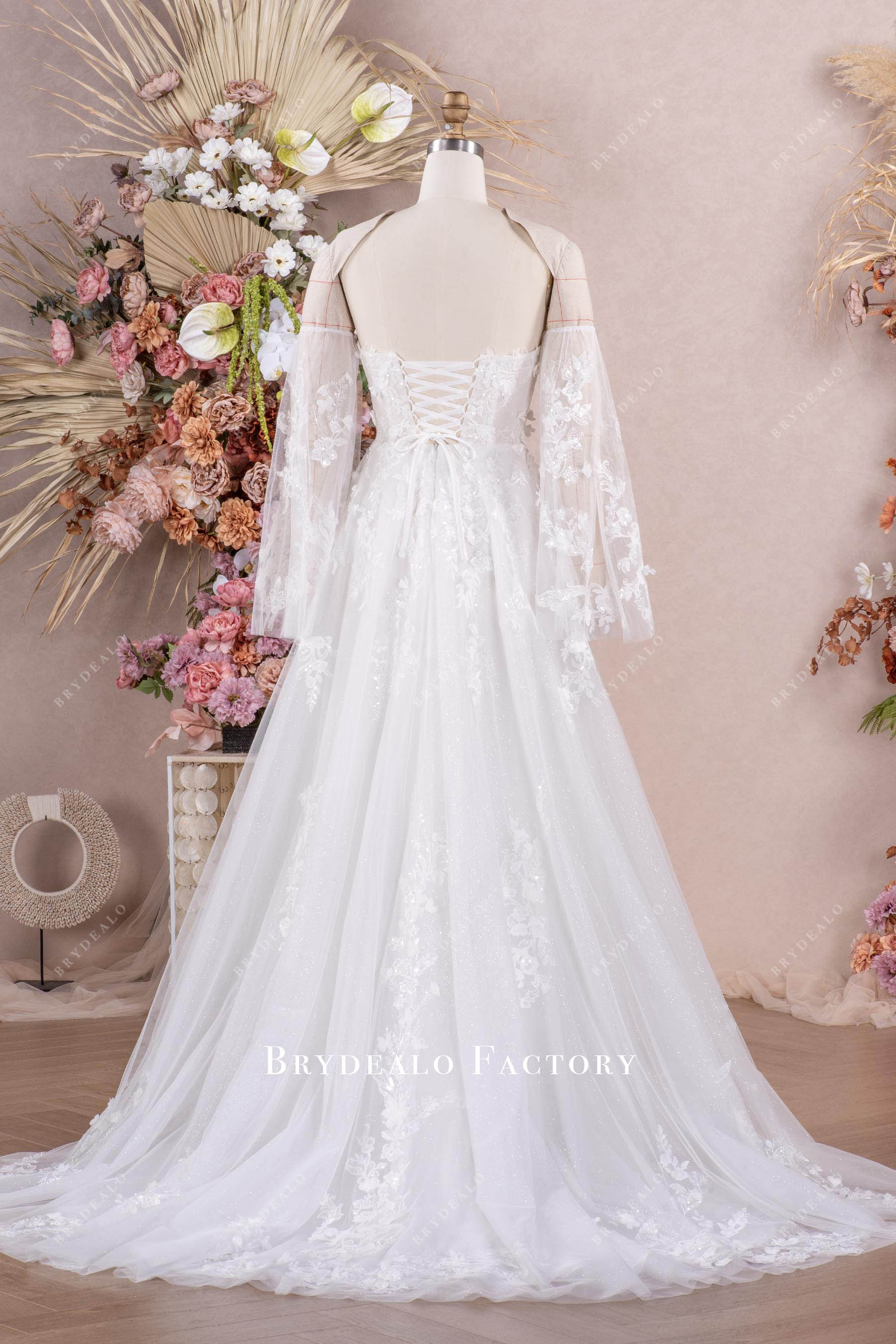 detachable bell sleeve lace tulle wedding dress