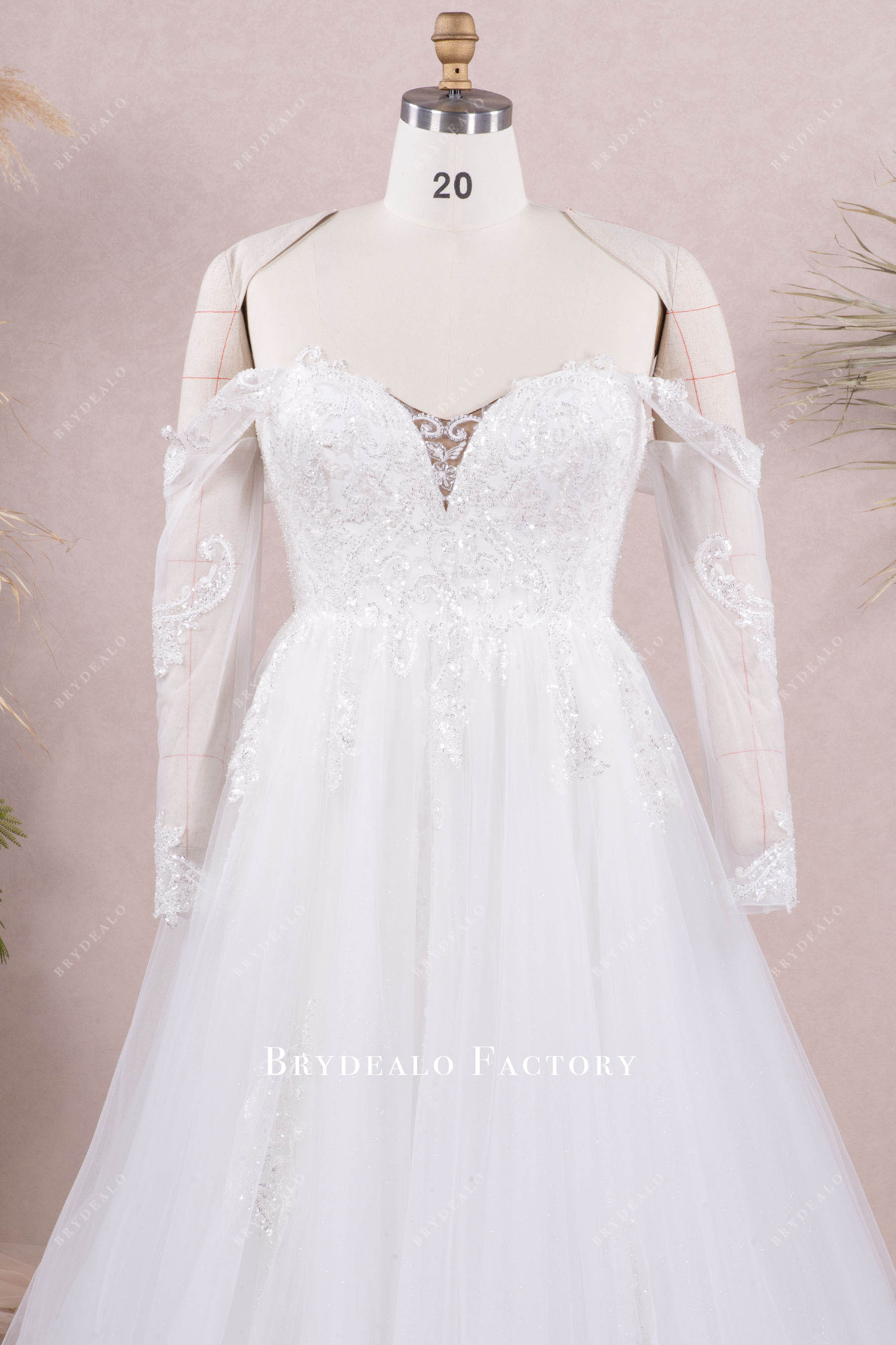 detachable long sleeve sweetheart neck wedding dress