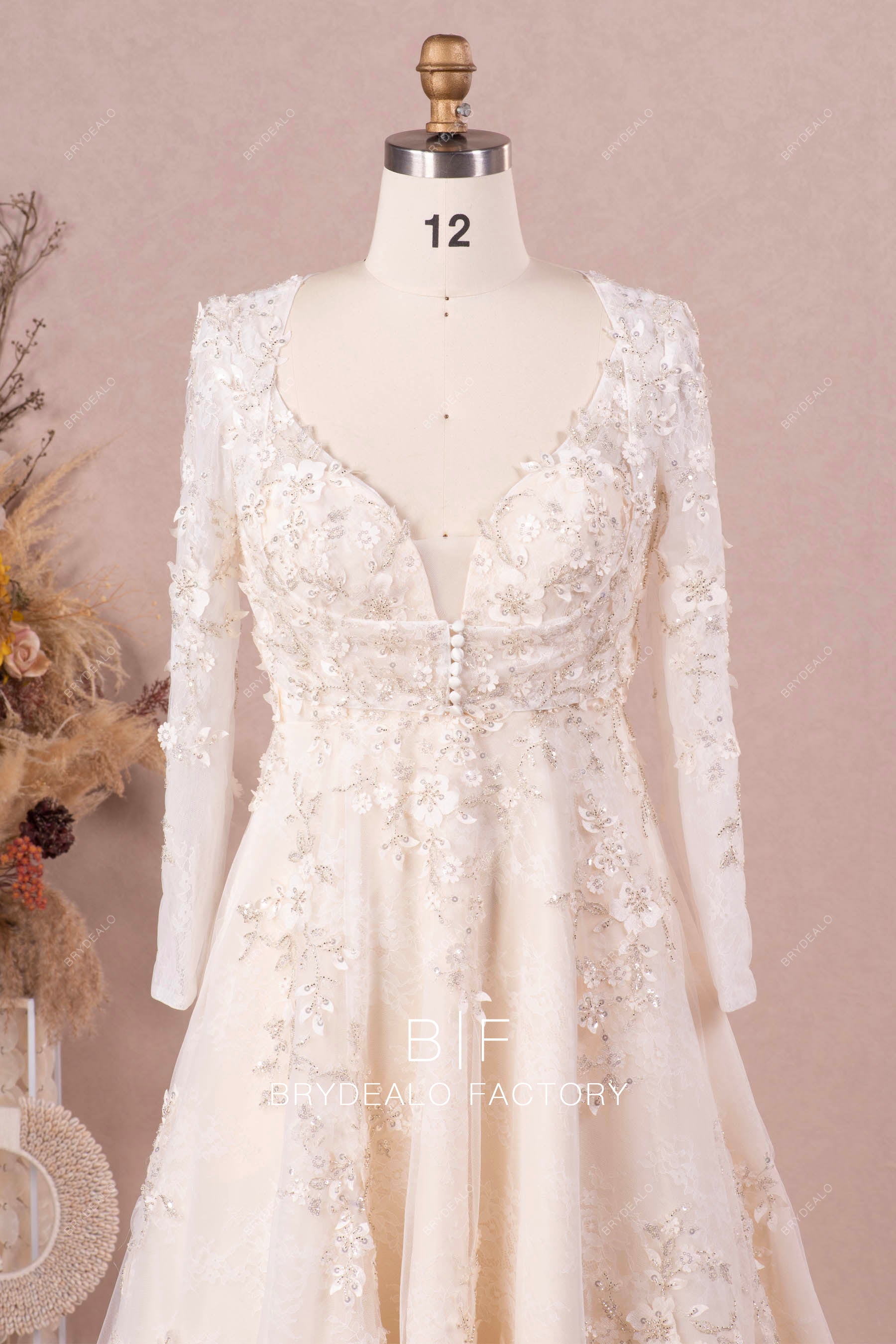 detachable sleeved jacket flower lace wedding gown