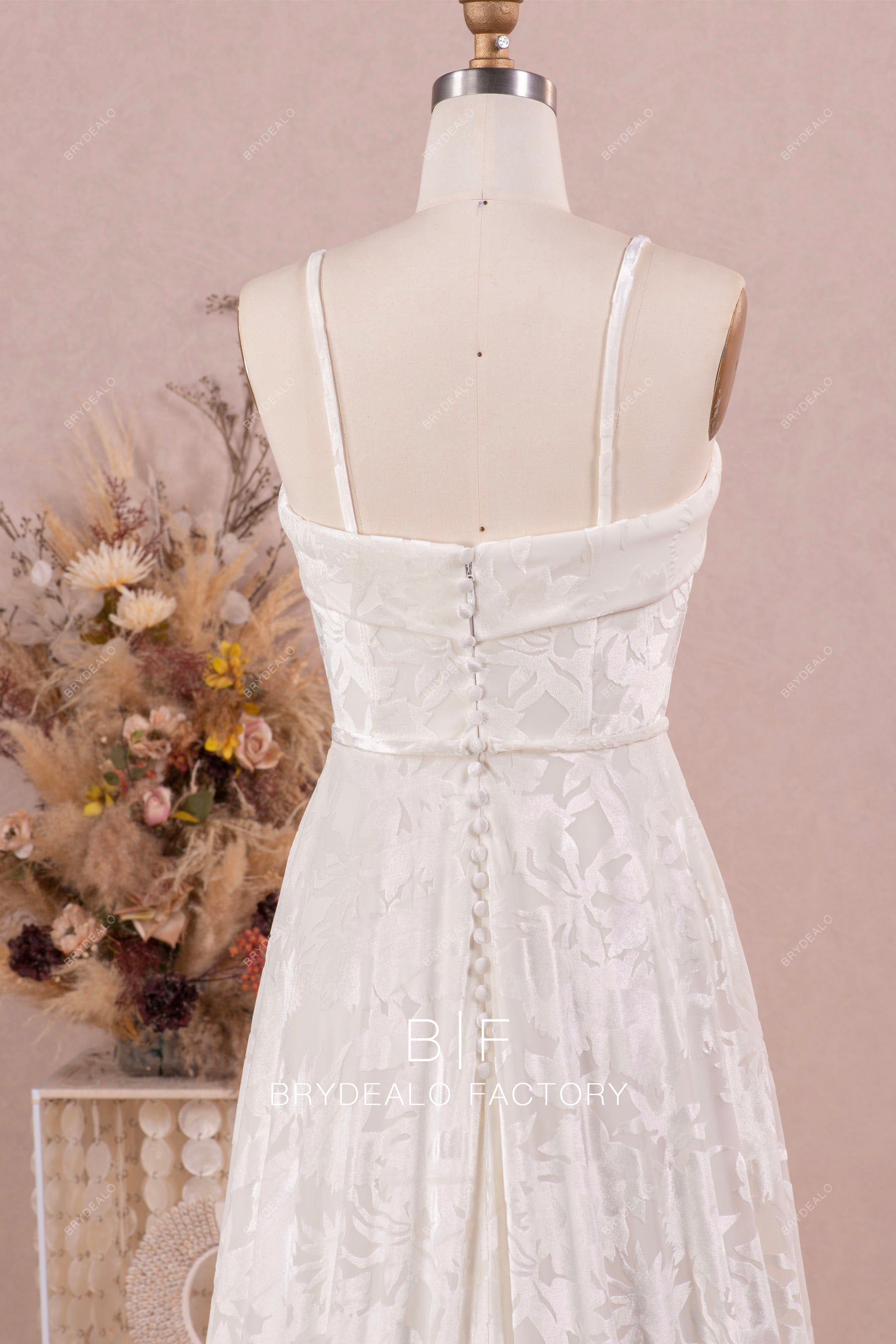detachable straps buttoned back velvet wedding dress