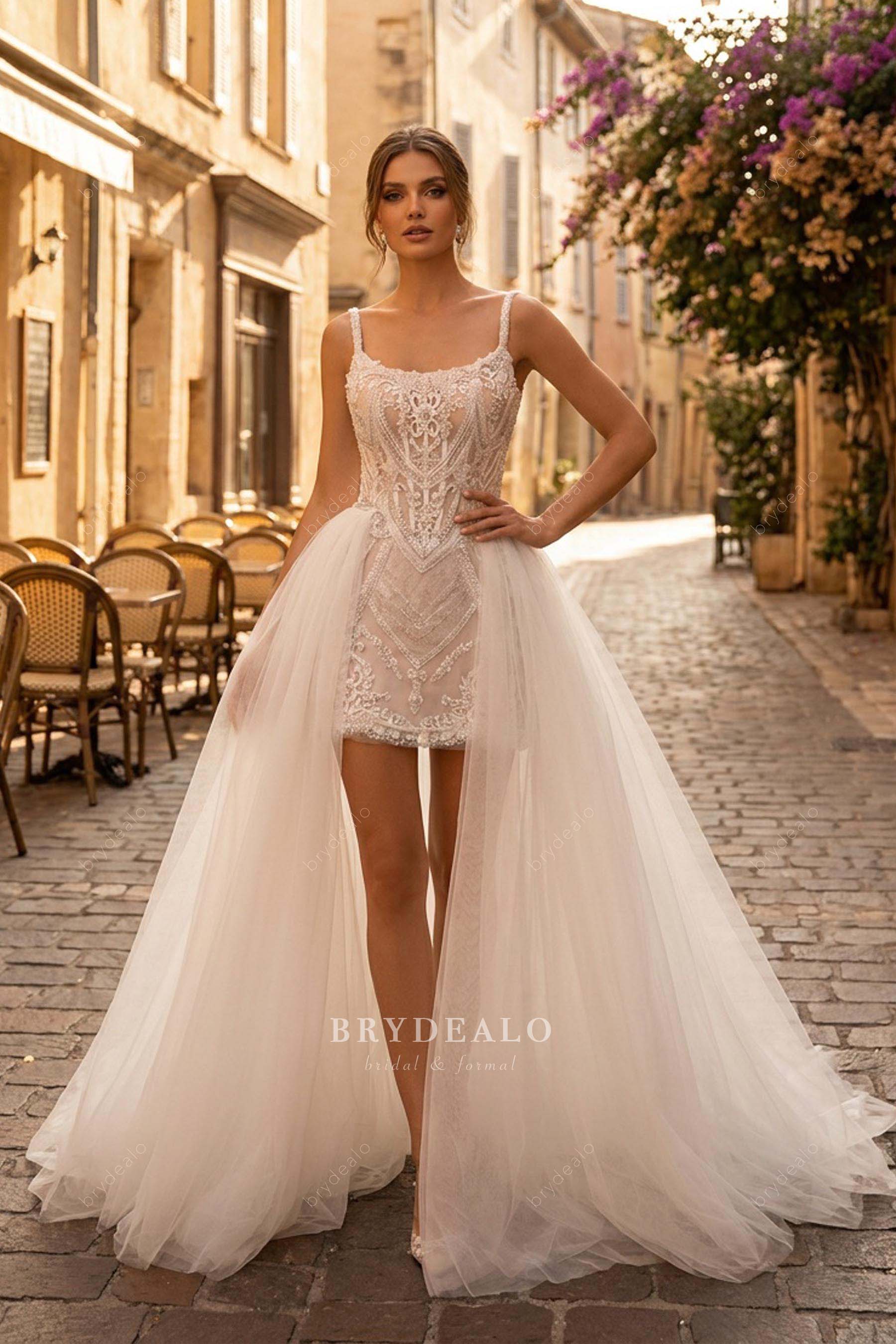 detachable tulle overskirt mini wedding dress
