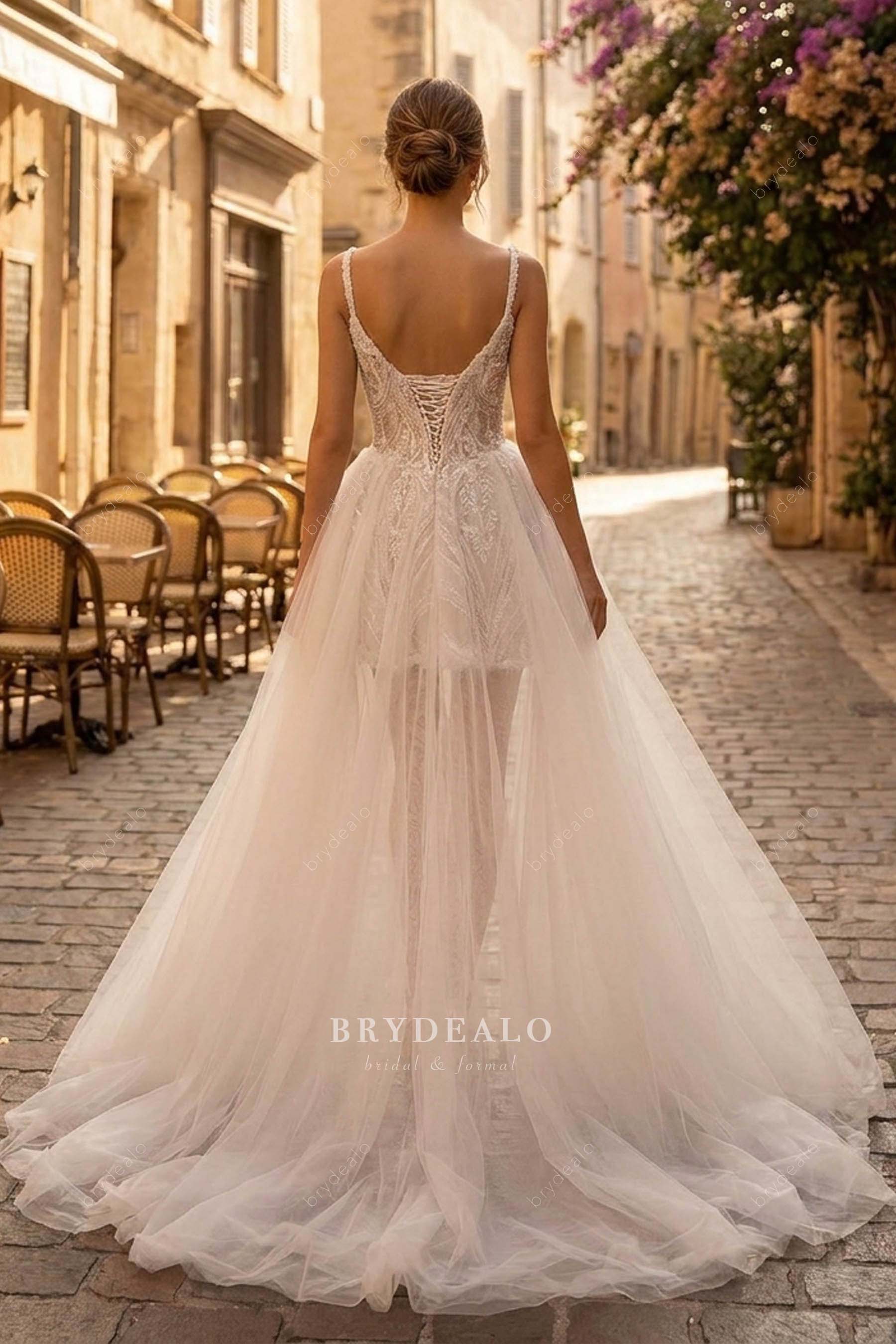 detachable tulle overskirt wedding dress