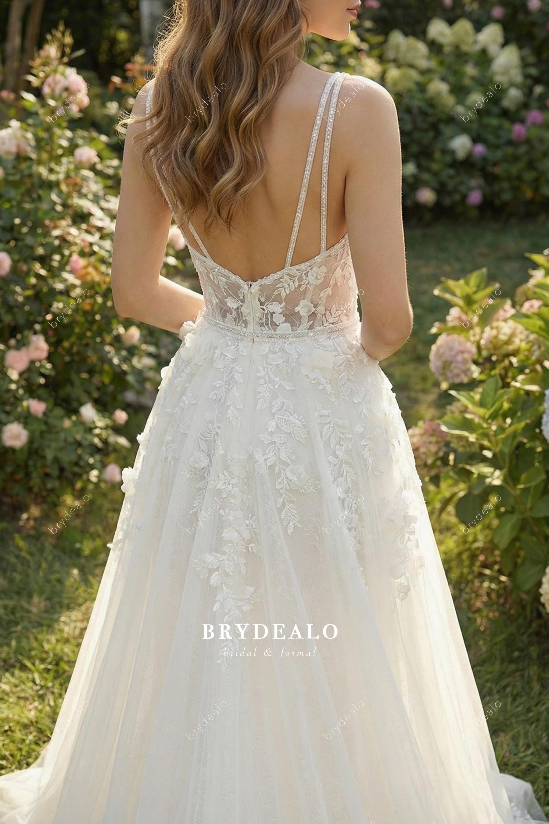 double beaded straps illusion back wedding dress
