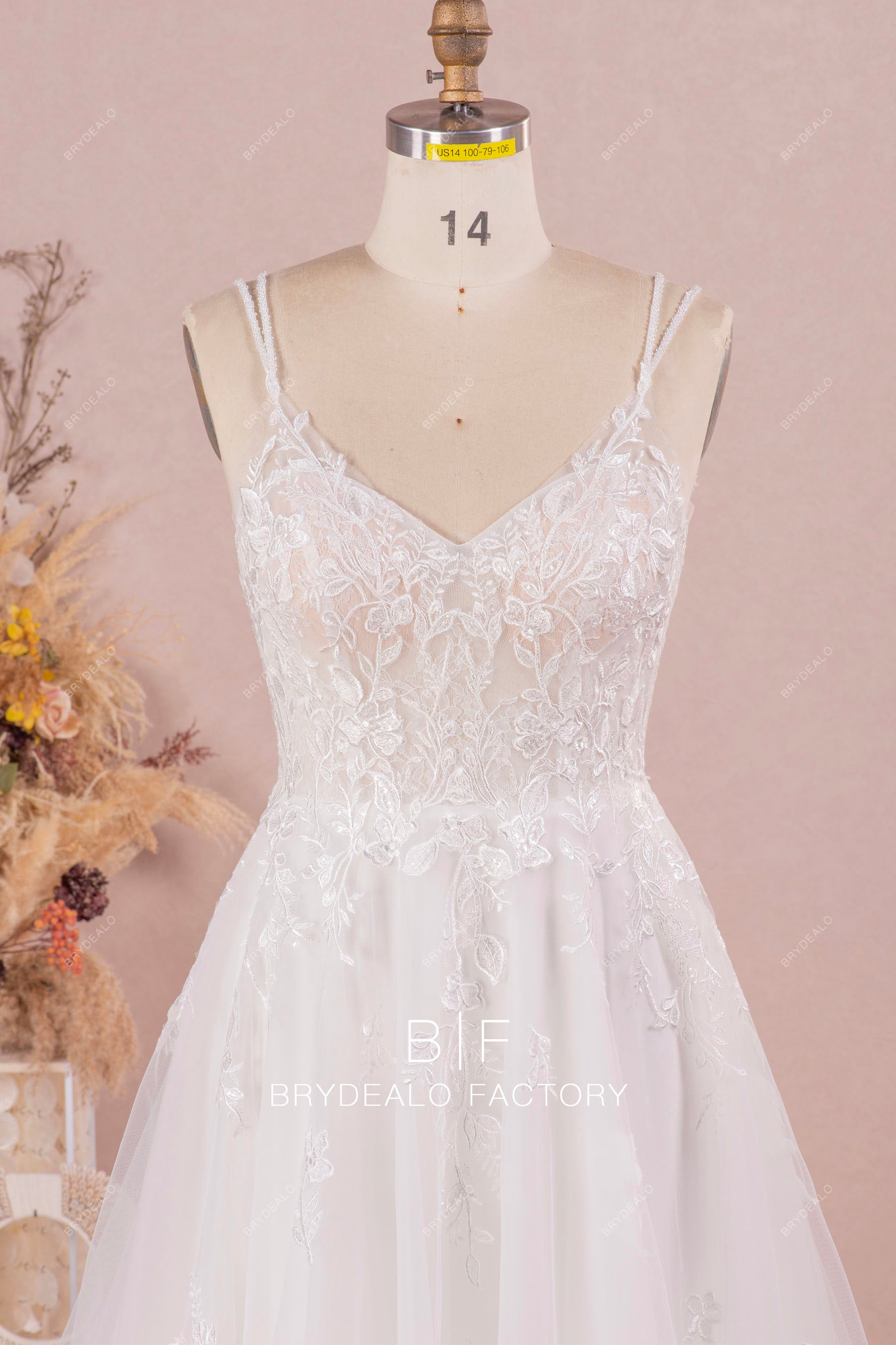 double beaded straps lace wedding dress