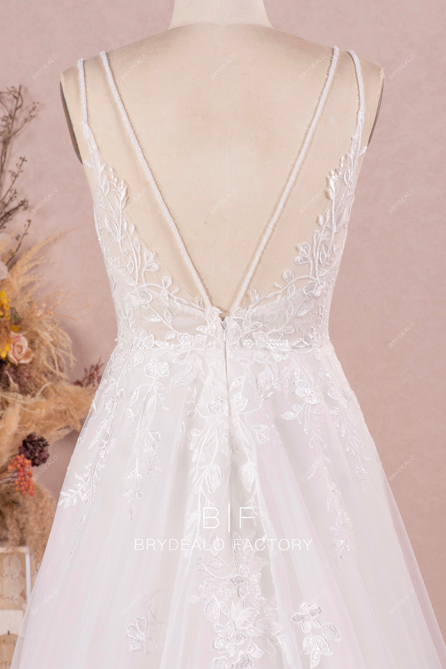 double beaded straps V-cut lace wedding dress