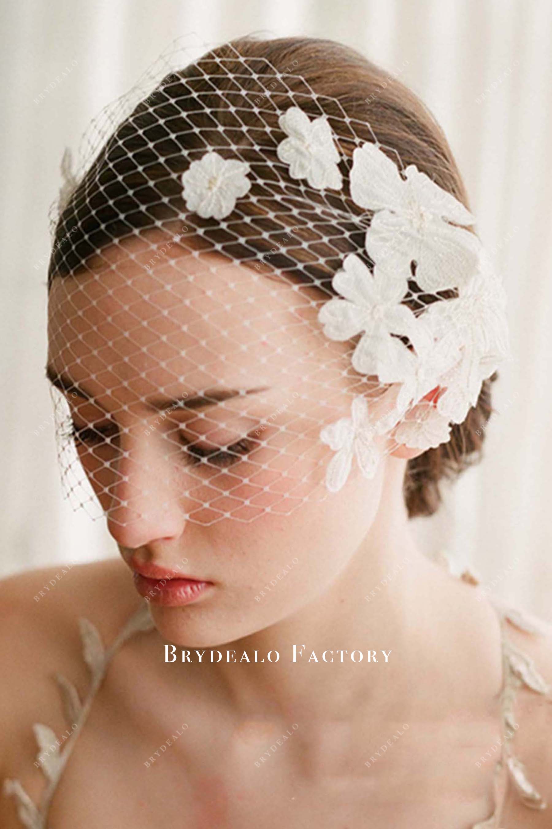 Romantic 3D Flower Net Birdcage Raw Cut Wedding Veil