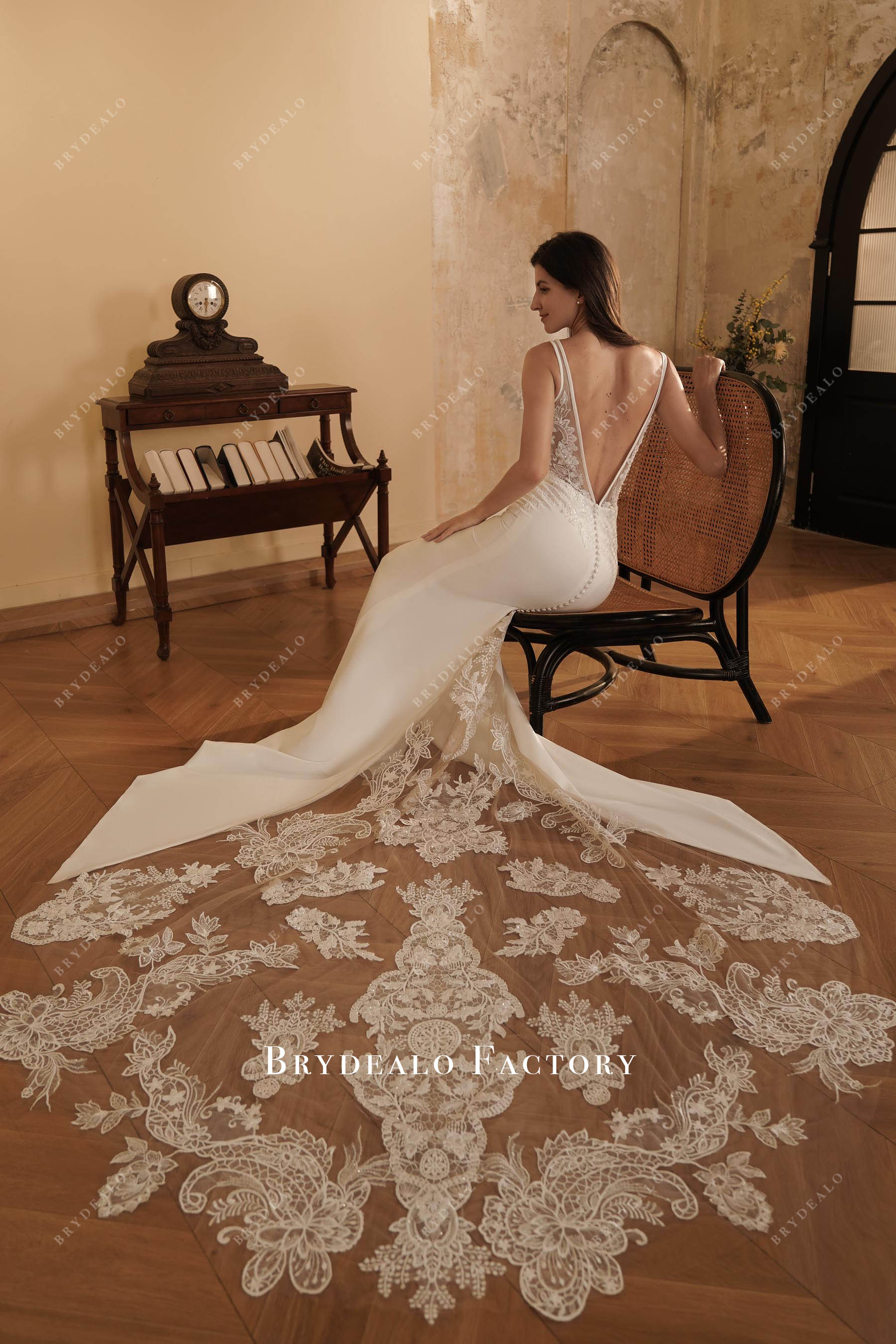 dramatic illusion lace godet crepe wedding dress