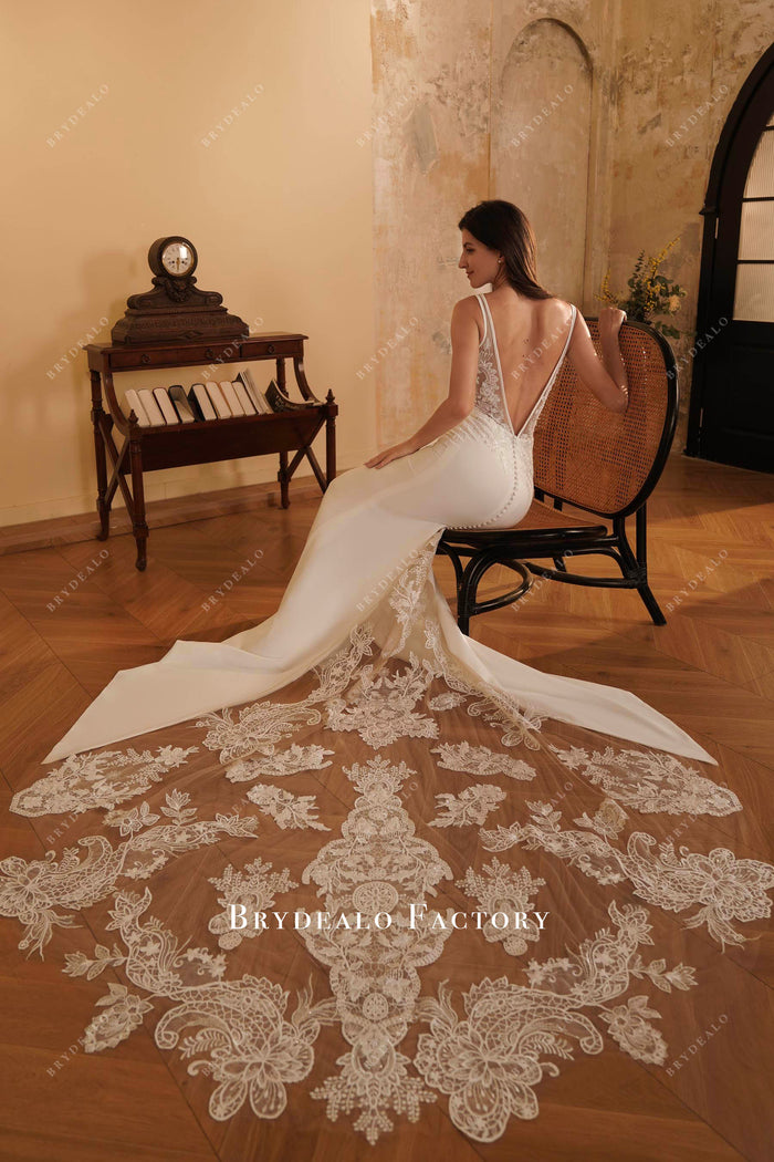 Glitter Lace Crepe Godet Mermaid Chapel Train Wedding Dress main image 1