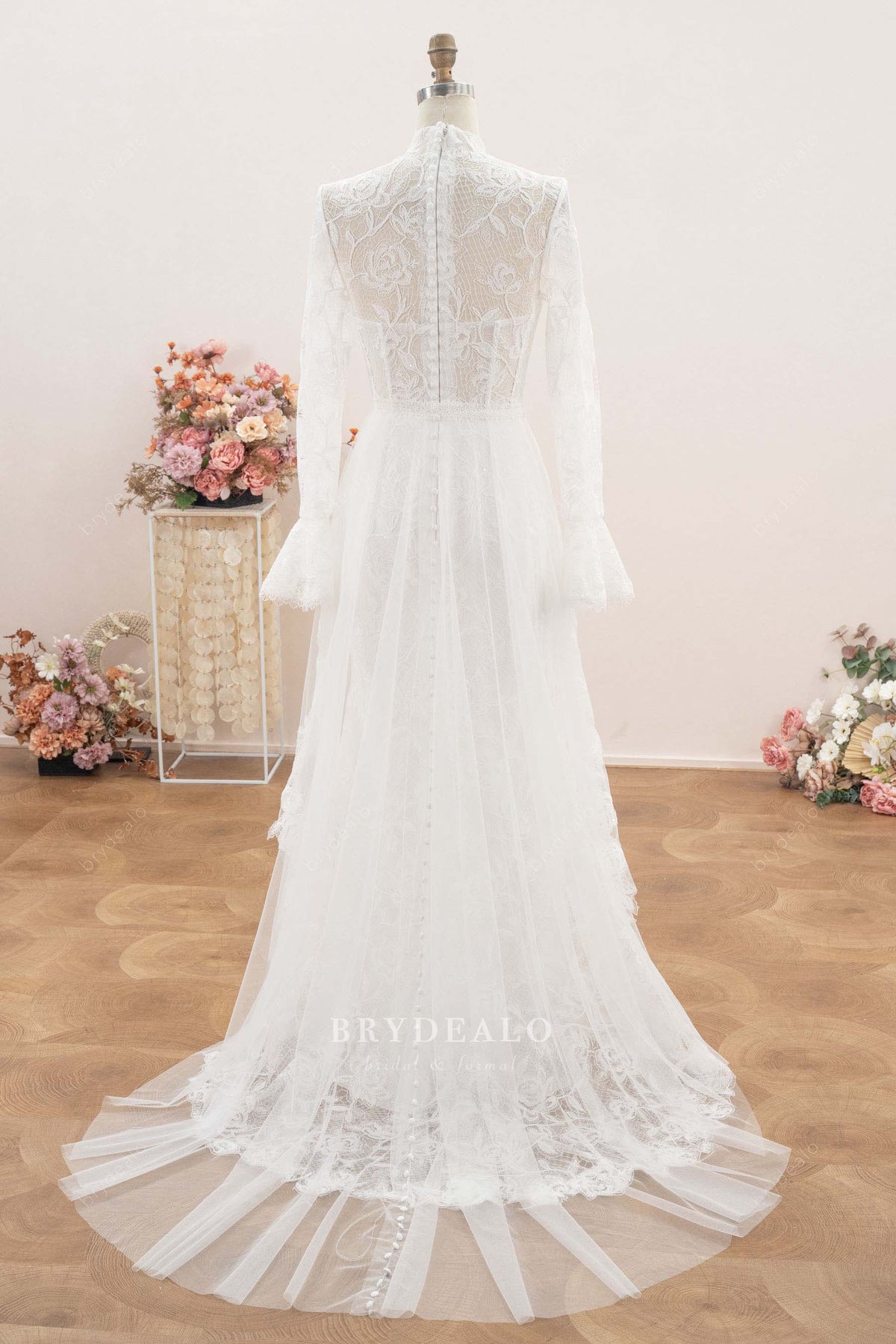 dreamy button tulle overskirt wedding dress