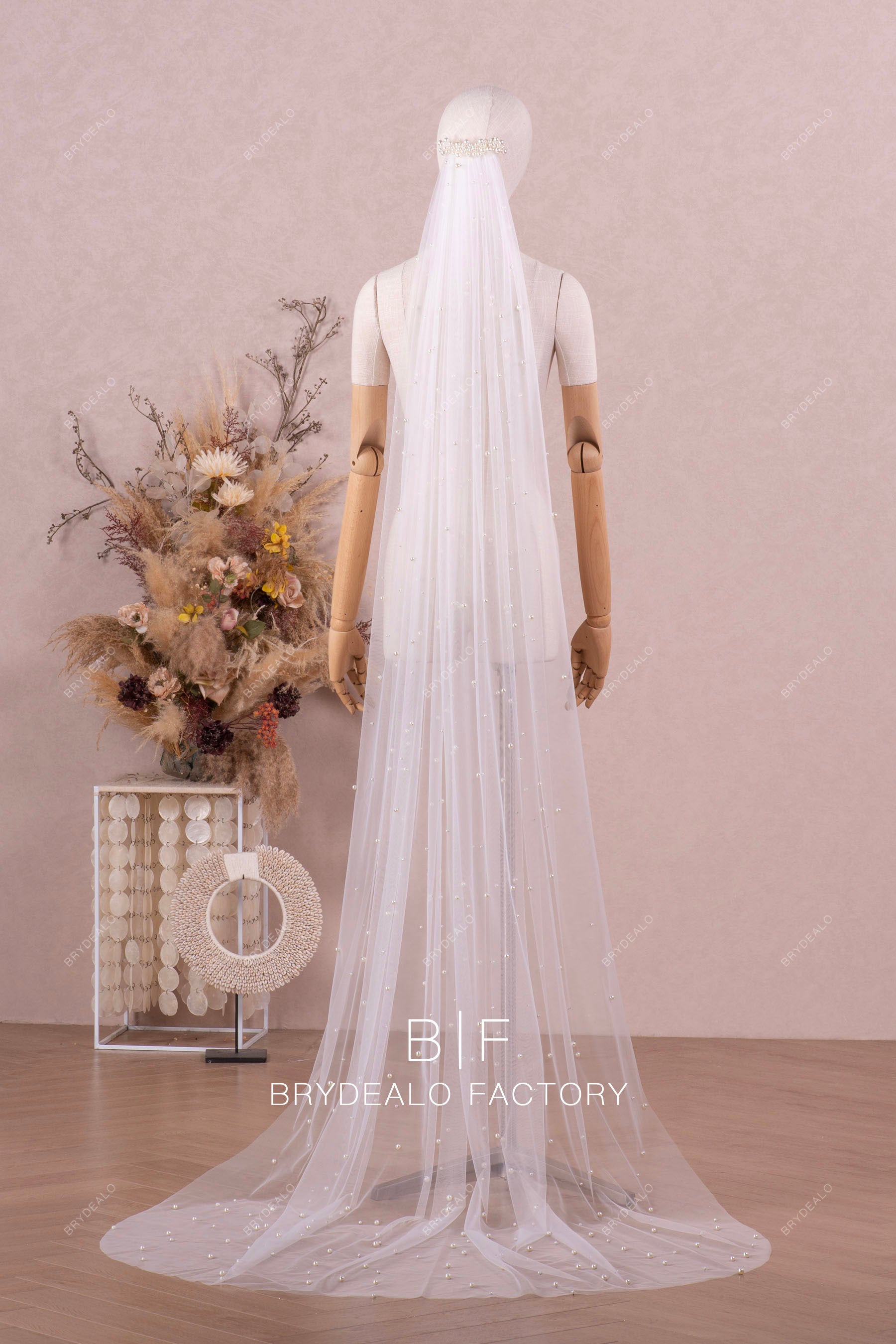 dreamy pearl chapel length wedding veil