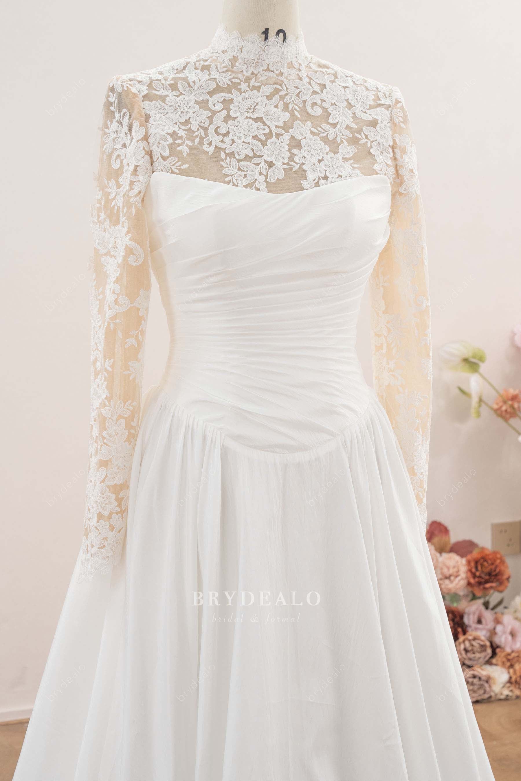 drop waist pleated satin wedding dress