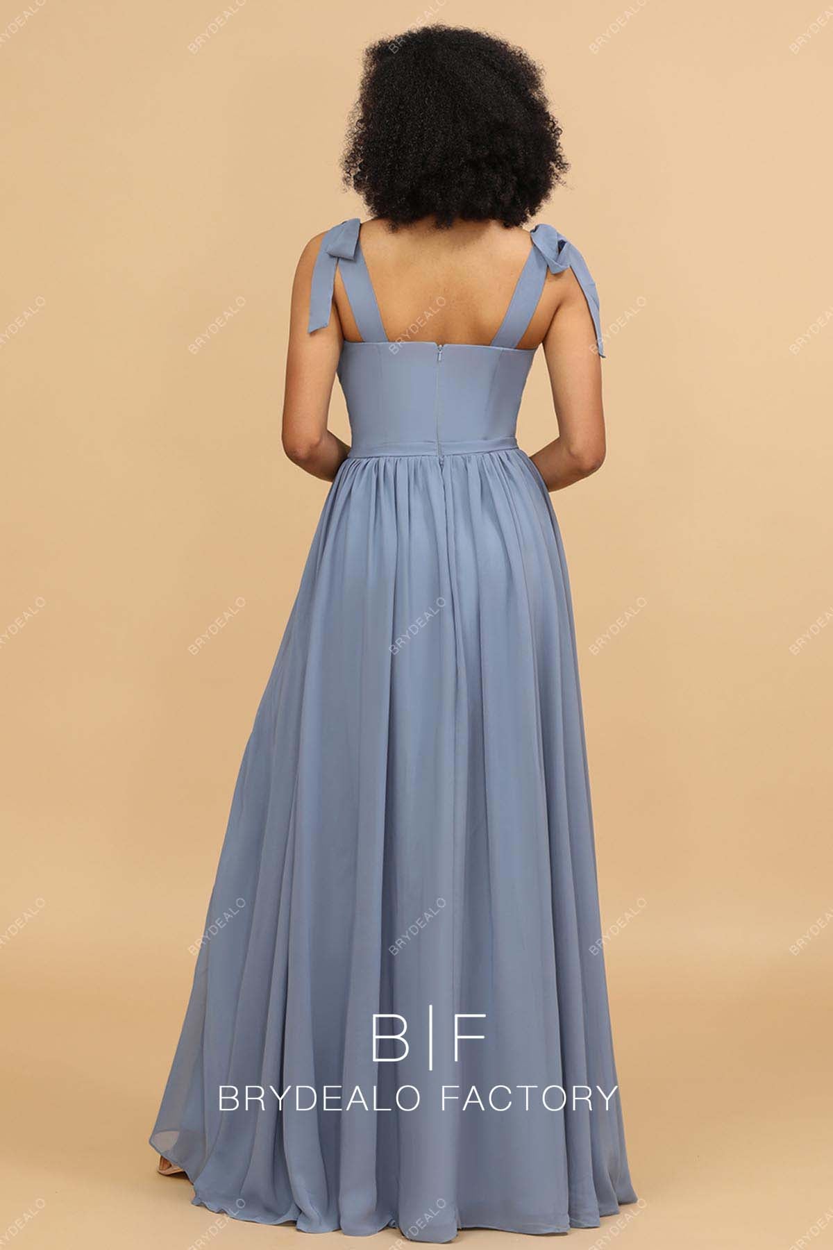 Dusty Blue Chiffon Shoulder Tie Sweetheart Empire Bridesmaid Dress