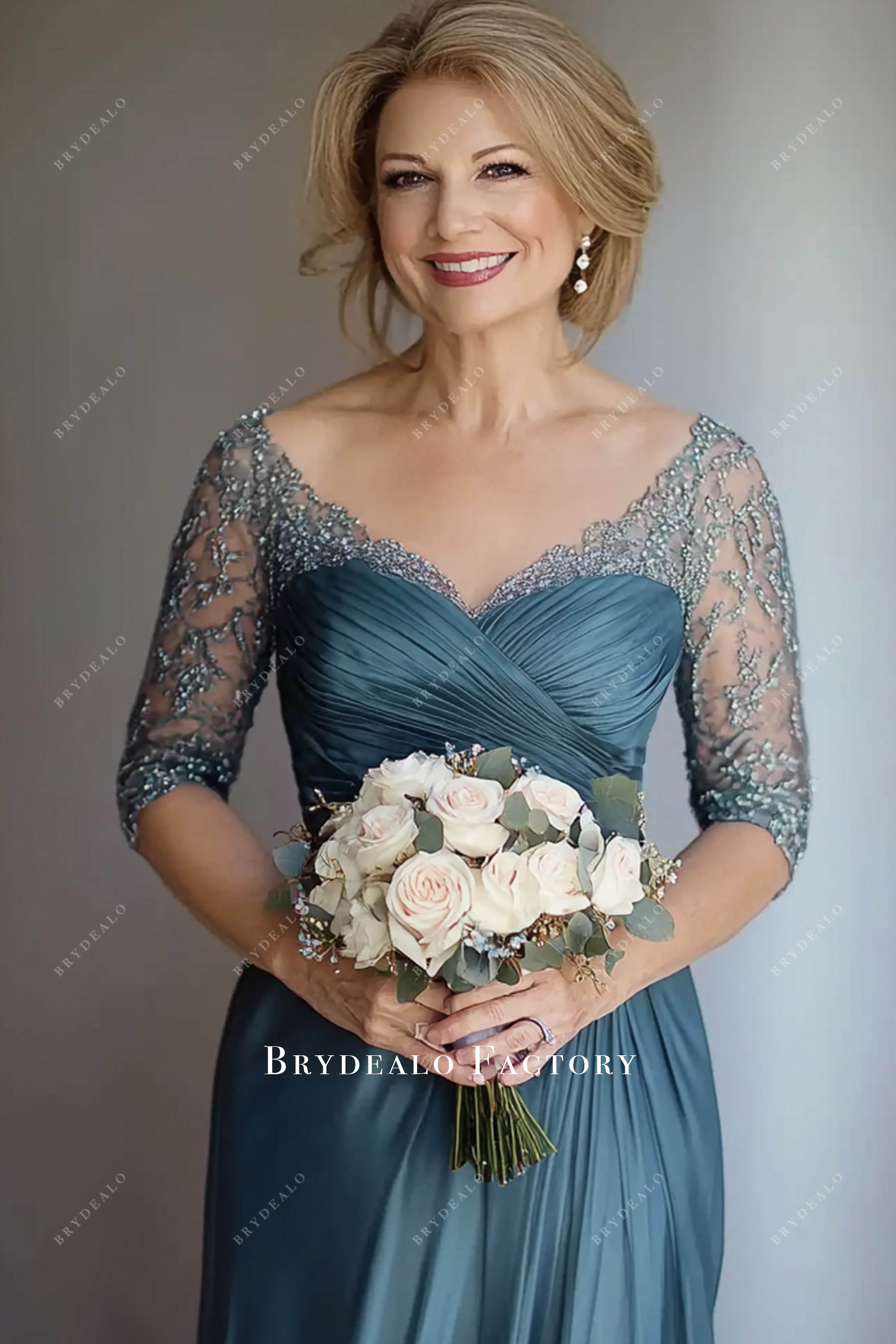 dusty blue lace sleeve mother of bride dress