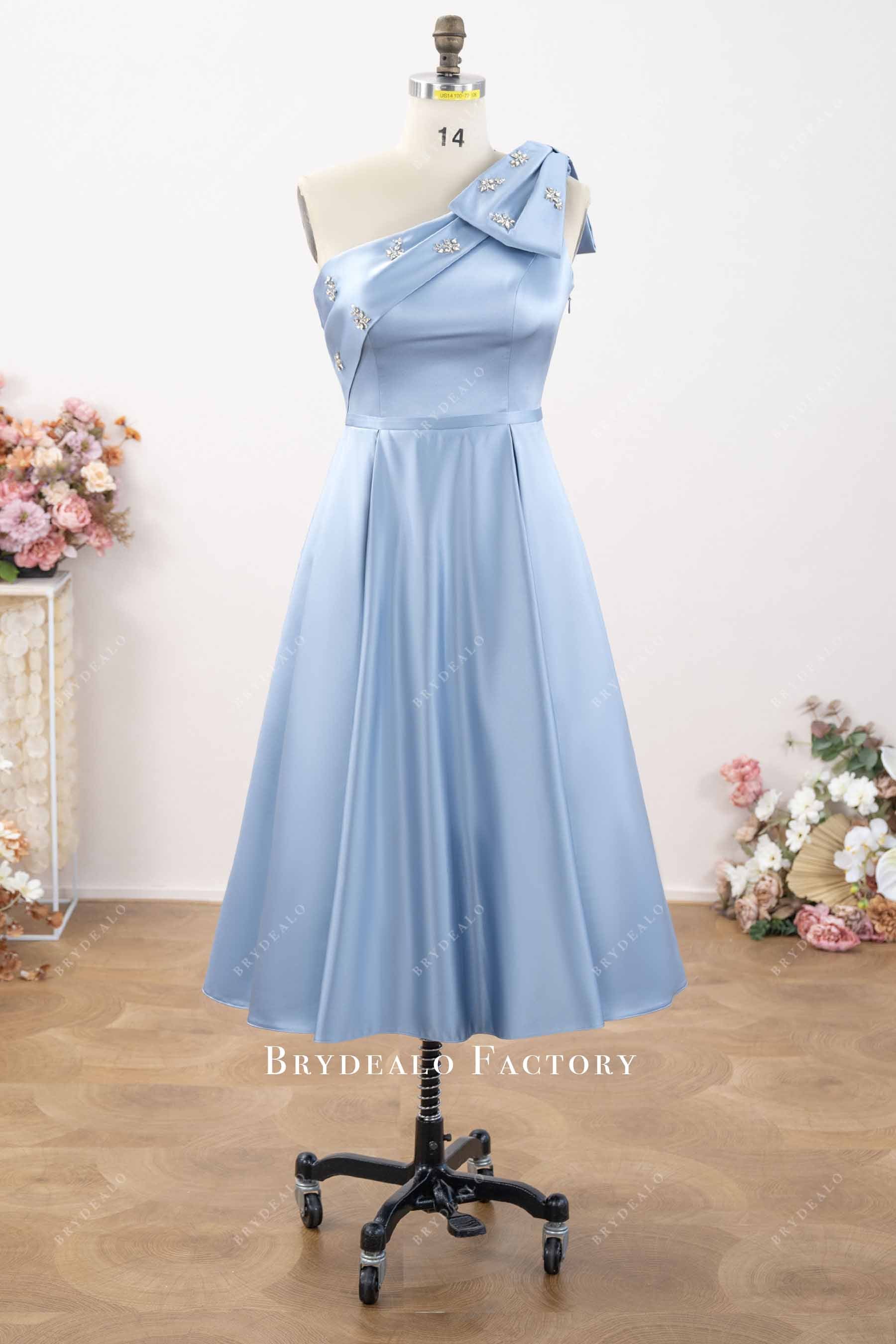 dusty blue satin tea length mother of bride dress