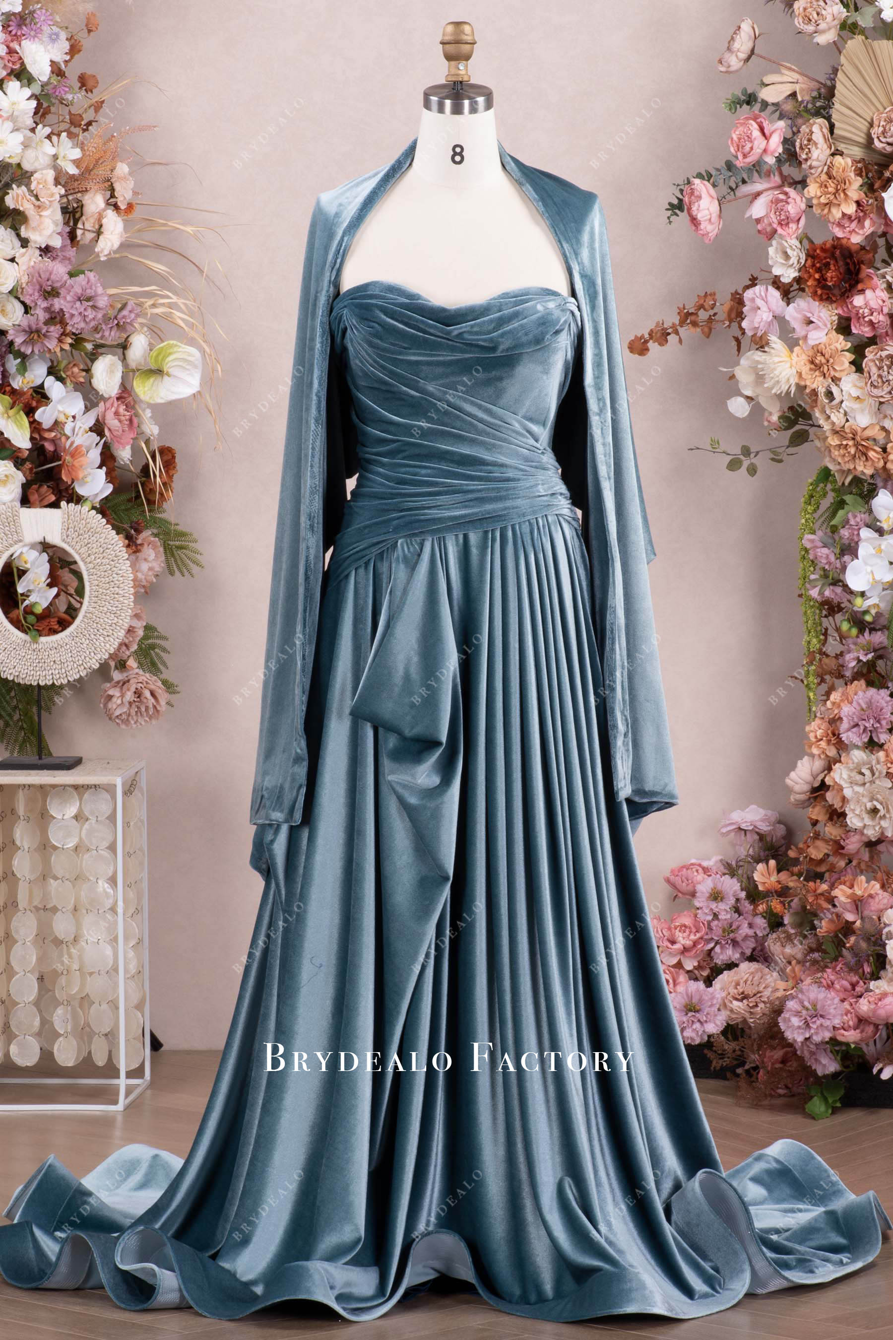 dusty blue shawl velvet mother of bride dress