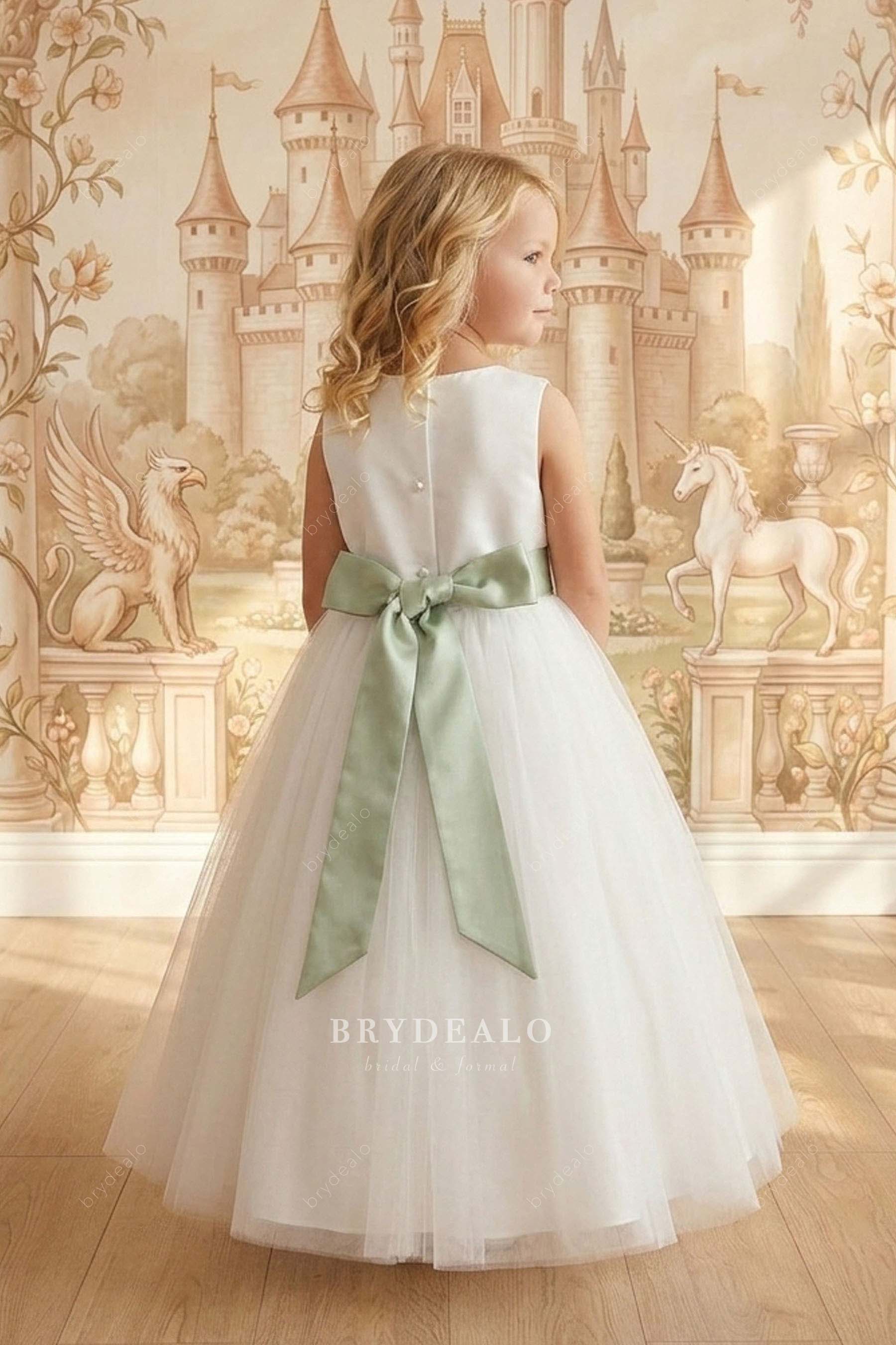 dusty green belt flower girl dress